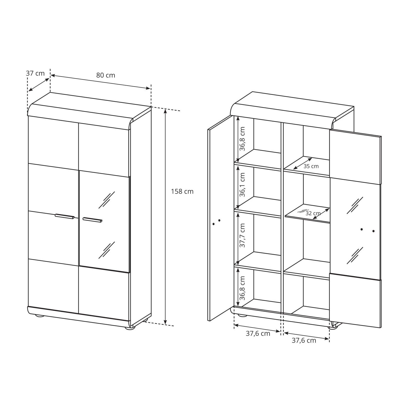Masseno Glasvitrine LEGAME 158 x 80 cm Vitrine Vitrinenschrank mit 2 Türen Eiche Sonoma – Bild 3 von 3