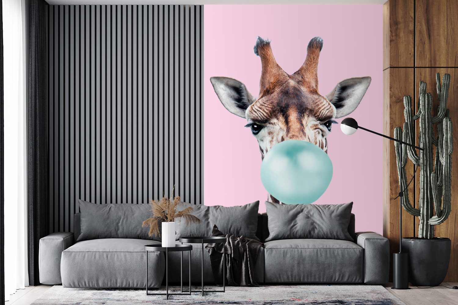 bedruckt, - - Giraffe - für Rosa Kaugummi St), Vinyl (3 Wandtapete - Kinder Mädchen, - Mädchen - Fototapete Montagefertig Wohnzimmer, MuchoWow Tapete Matt, Blau