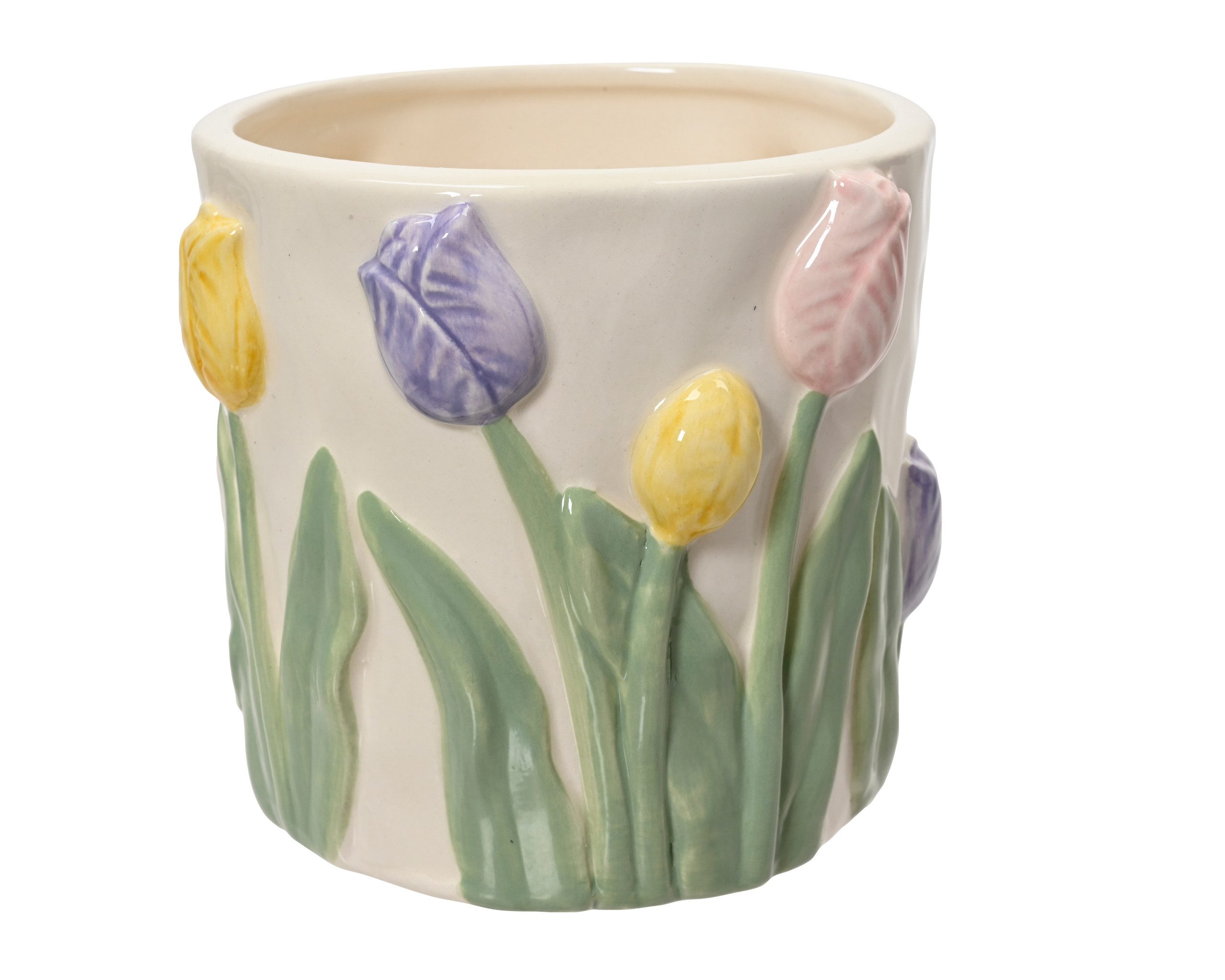 Decoris season decorations Blumentopf, Blumentopf / Übertopf mit Tulpenmotiv 10,8x10cm Keramik Weiß