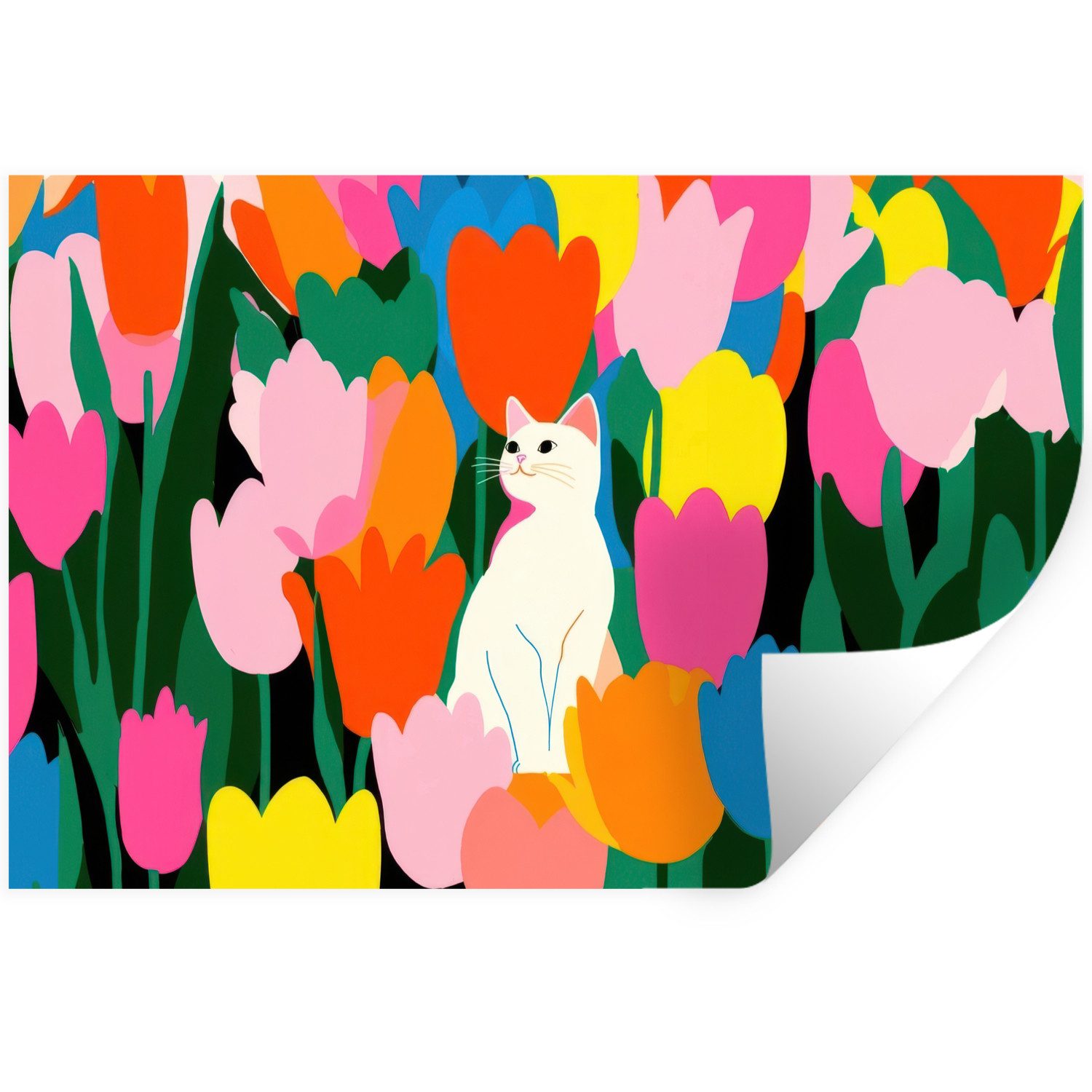 MuchoWow Wandsticker Tulpen - Katze - Farbenfroh (1 St), Wanddeko, Aufkleber, Wandtattoo, 120x80 cm