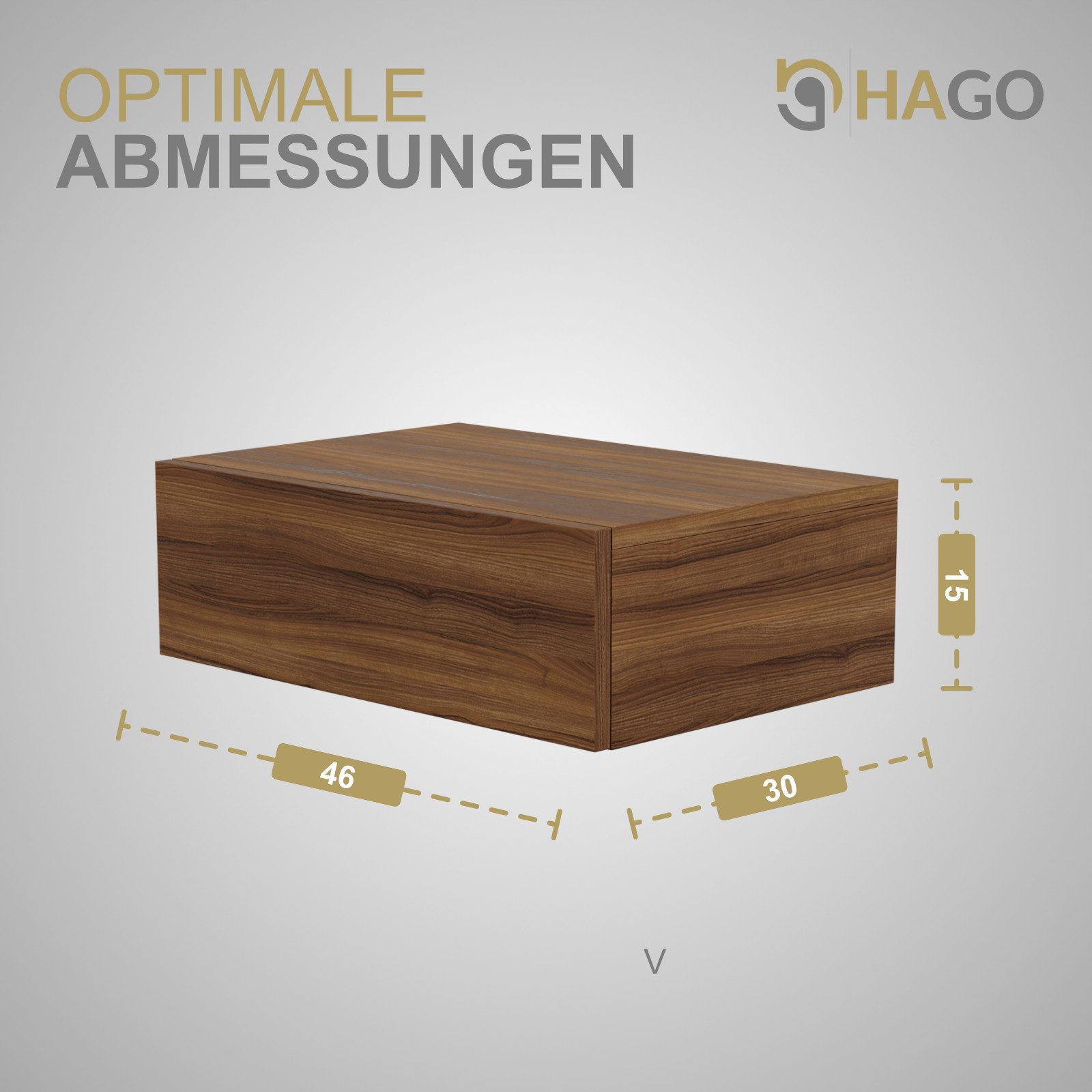 HAGO Nachttisch 46x30x15cm Schublade schwebend Wandregal Hängeschrank Kommode Nachtsch, Minimalistisches Design