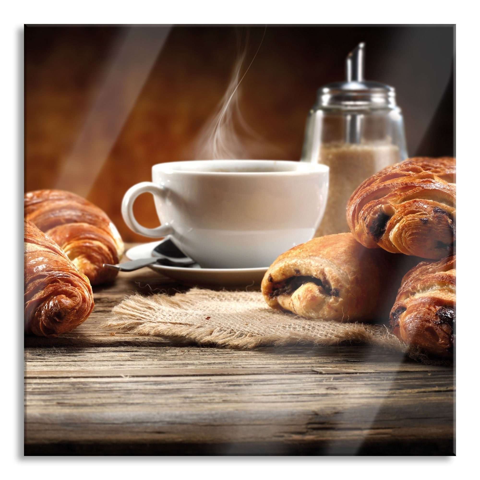 Pixxprint Glasbild Croissant zum Kaffee, Croissant zum Kaffee (1 St), Glasbild aus Echtglas, inkl. Aufhängungen und Abstandshalter