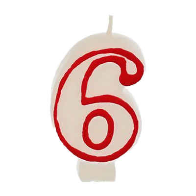 PAPSTAR Geburtstagskerze Zahlenkerze 7,3 cm weiß "6" mit rotem Rand (Stück, 1-tlg., Zahlenkerze), Geburtstagskerze Geburtstagstorte Tortendekoration Kuchendekoration