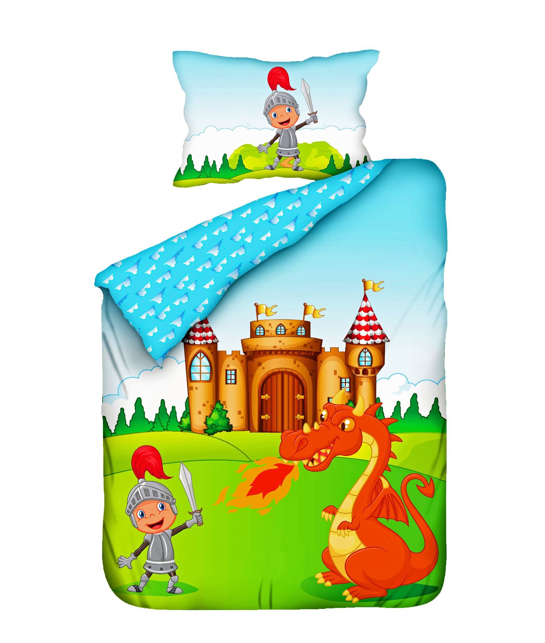 JACK Babybettwäsche 100x135cm Drache und Ritter, Burg, Renforcé, 2 teilig, Babybettwäsche für kleine Ritterfans, feuerspuckender Drache