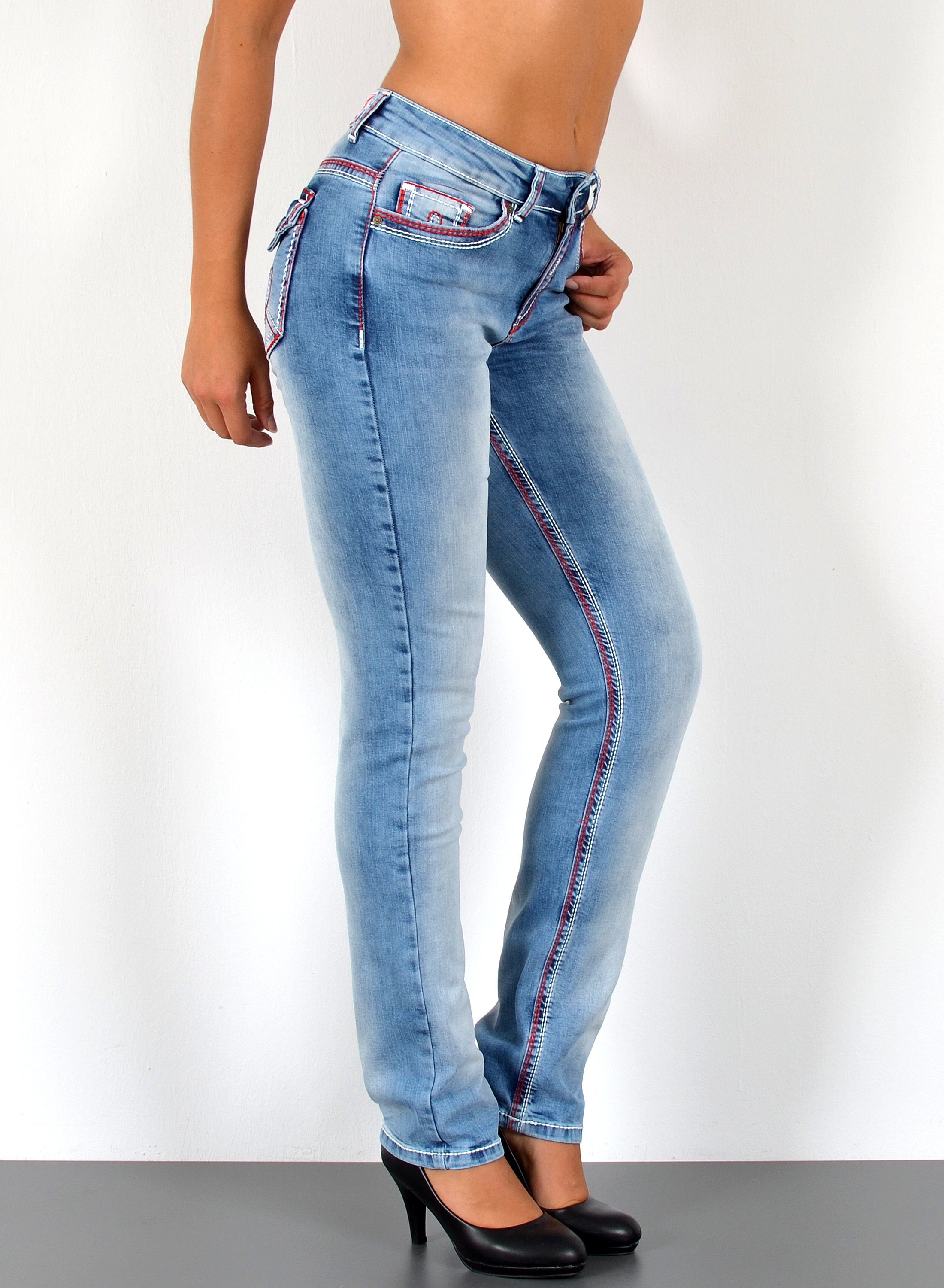 ESRA Straight-Jeans Damen Jeanshose weiße Naht hohe Leibhöhe Stretch Jeans Straight G12 High Waist Jeans Damen Straight Hose mit dicker Naht bis Übergröße