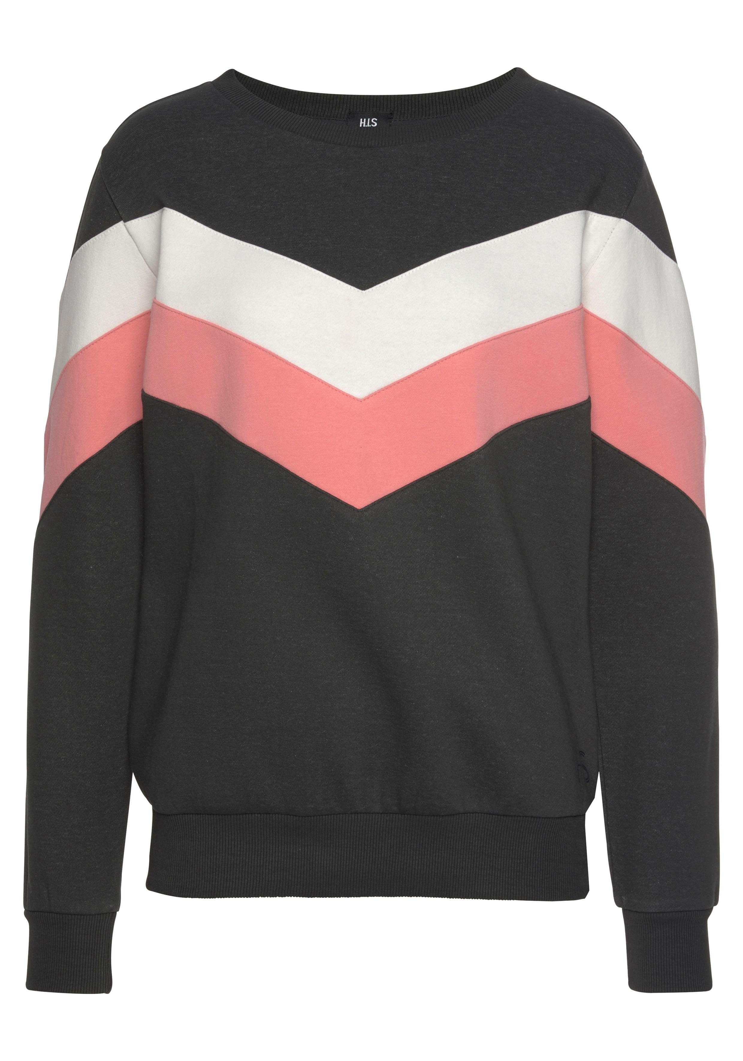 H.I.S anthrazit-rosa-weiß Sweatshirt Ärmeln, Loungeanzug an Kontraststreifen mit und Vorderseite