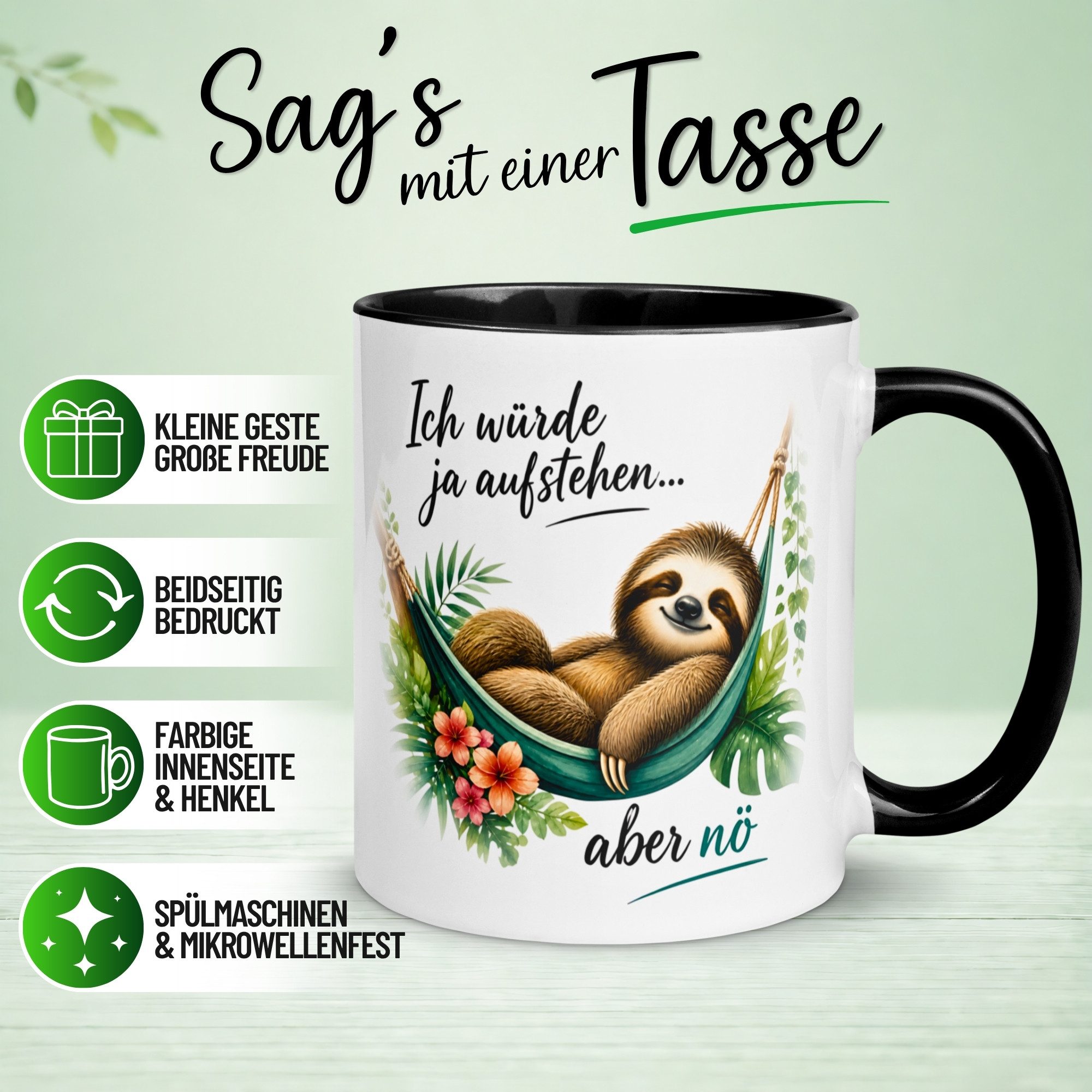 Momentals Tasse Faultier – „Ich würde ja aufstehen“ – lustiges Geschenk Morgenmuffel, Gratis Versand · Links-&Rechtshänder · Spülmaschinenfest