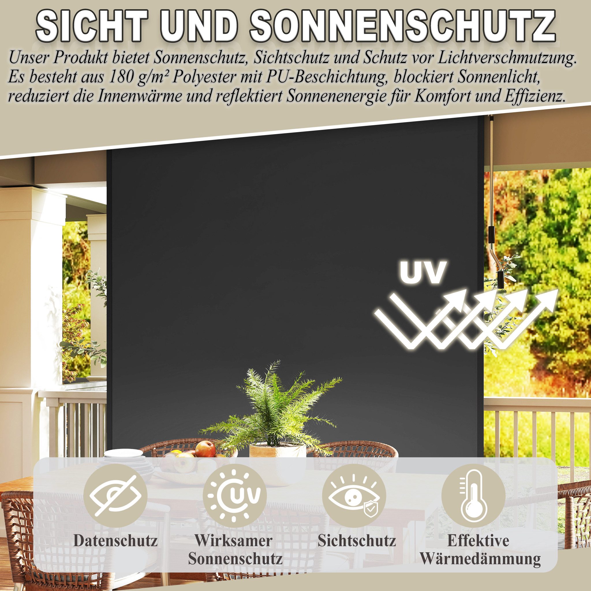 FIVMEN Seitenarmmarkise Ausziehbare Vertikalmarkise, Windschutz Außenrollo Sonnenschutz Sichtschutz Balkonmarkise für Balkon, Terrasse, Garte