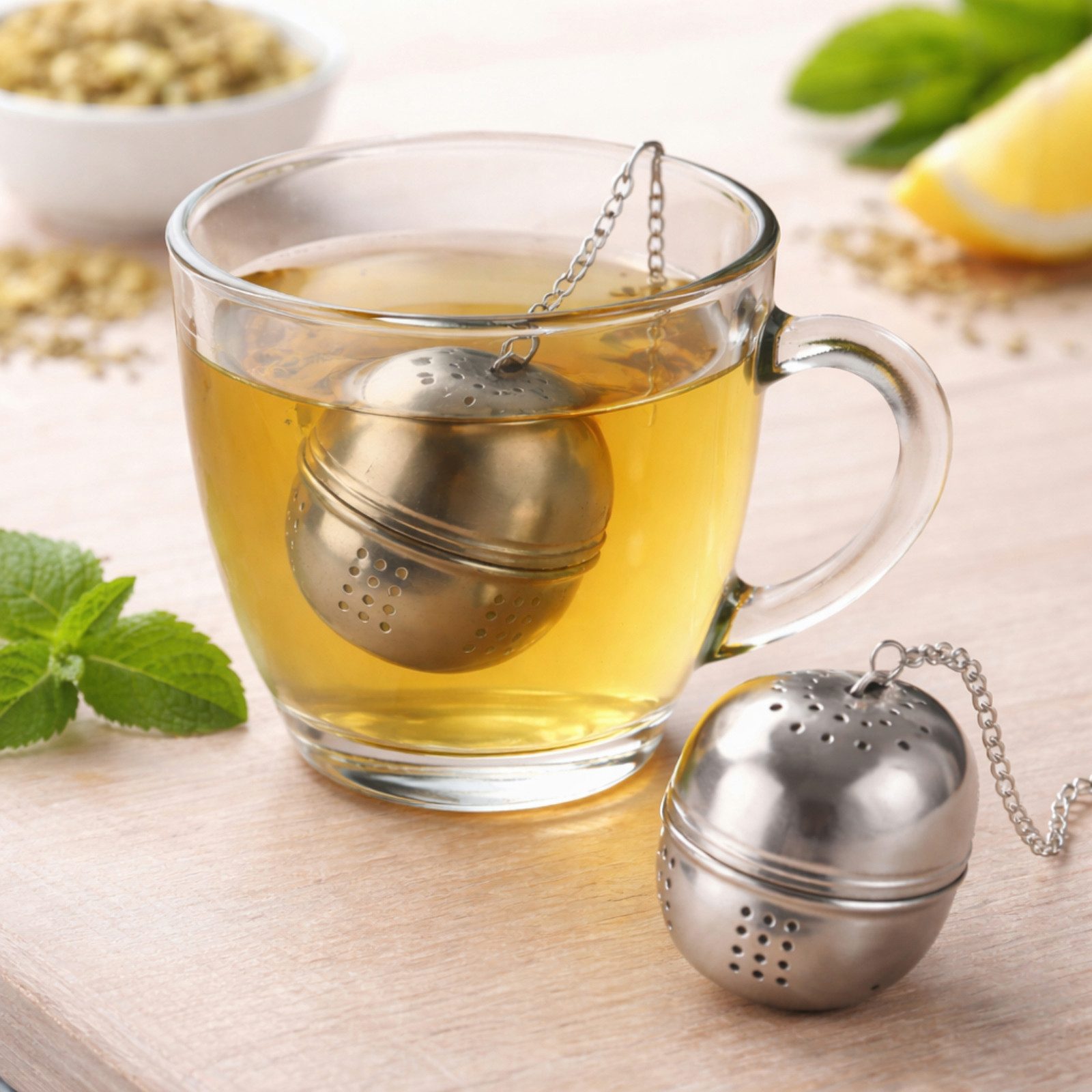 Koopman Teesieb Tee-Ei Teekugel Teefilter Edelstahl Silber Ø 4cm 2er Set, Edelstahl, (2-St), Rostfrei, Sieb, Edelstahl, mit Kette und Haken