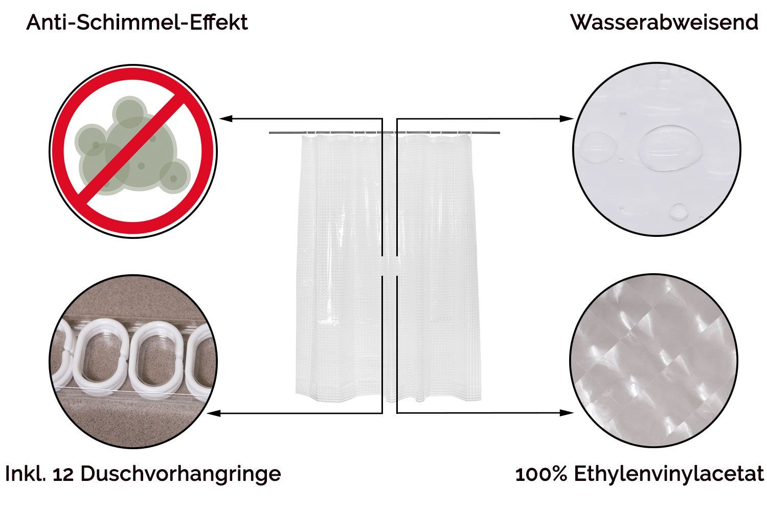 ZOLLNER Duschvorhang Breite 180 cm (Set), 100% Polyester, Anti-Schimmel-Effekt