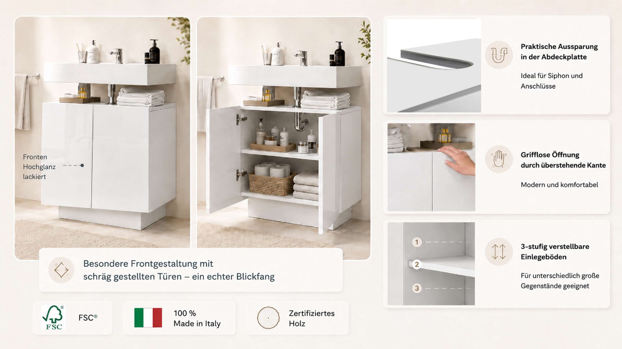 welltime Waschbeckenunterschrank Vela,Breite 60cm, 2 Türen, 2 Fächer, mit Siphonausschnitt, lackiert (1-St) Waschbeckenunterschrank,Waschtisch,Design mit schräg – Bild 3 von 5