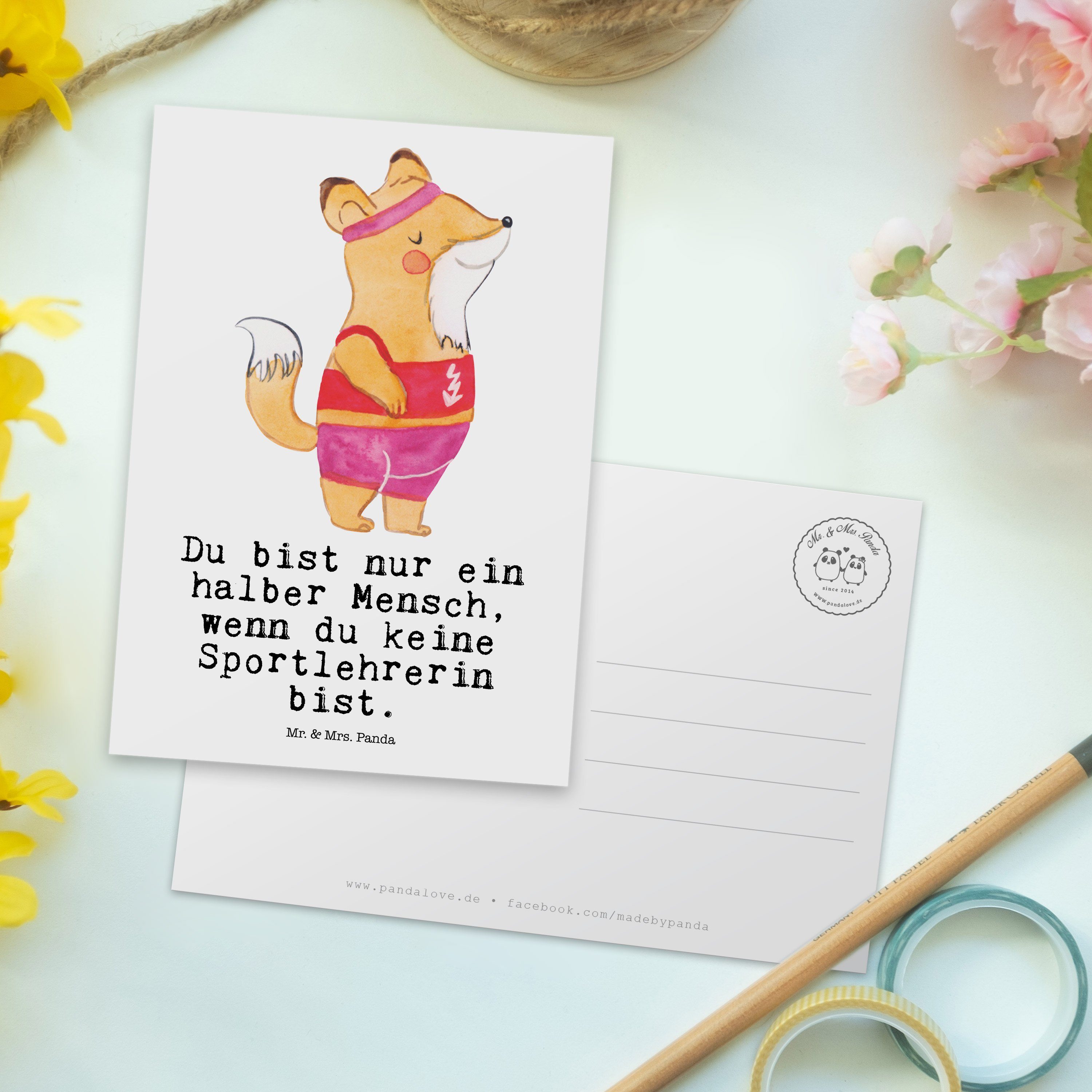 Mr. & Mrs. Panda Geburtstagskarte, mit - Weiß Geschenk, - Herz Karte, Sportlehrerin Postkarte Da