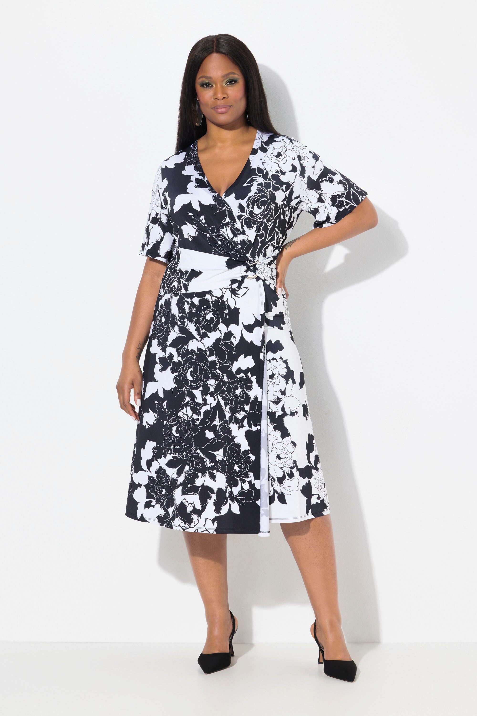 Ulla Popken Midikleid Slinky-Kleid Blüten Drapierung günstig online kaufen