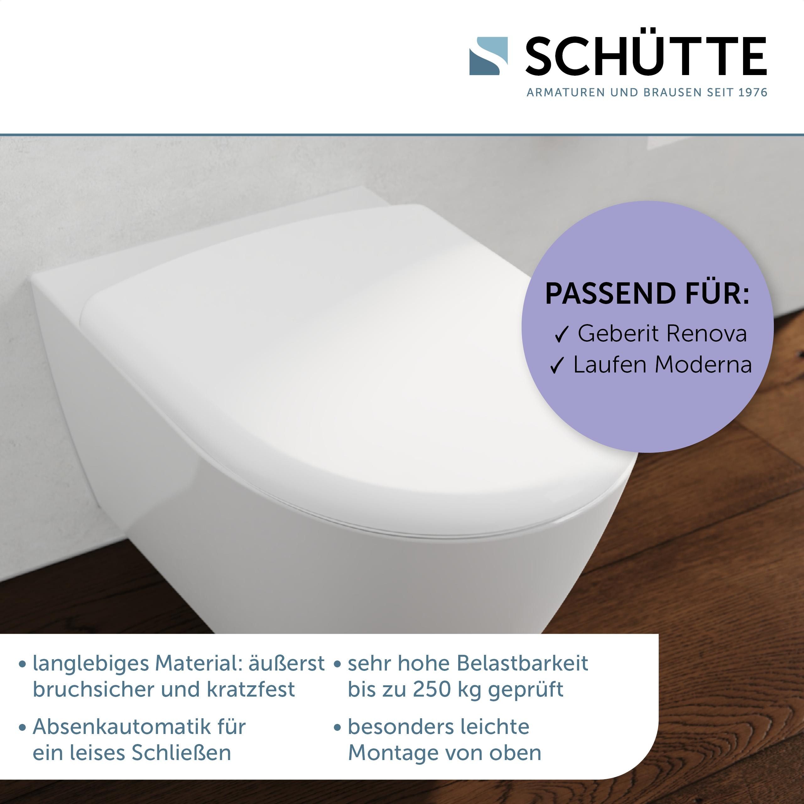 Schütte WC-Sitz Duroplast, WHITE D-Form PRO (WC-Sitz, Befestigungsmaterial, Montageanleitung), mit Absenkautomatik und Schnellverschluss