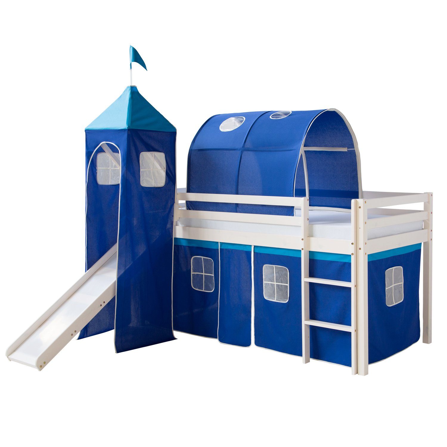 Homestyle4u Hochbett 90x200 mit Vorhang Lattenrost Matratze Rutsche Tunnel günstig online kaufen