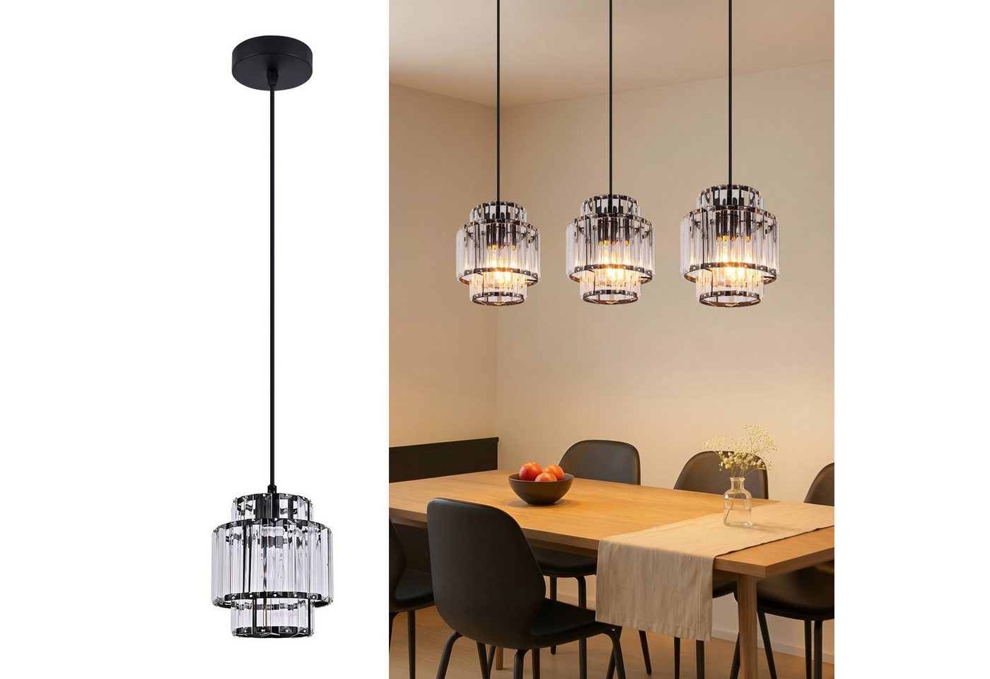 Nettlife Pendelleuchte Schwarz 1-Flammig E27 Kristallglas Hängeleuchte, ohne Leuchtmittel, für Esstisch Moderne Esszimmerlampe Wohnzimmer Küche