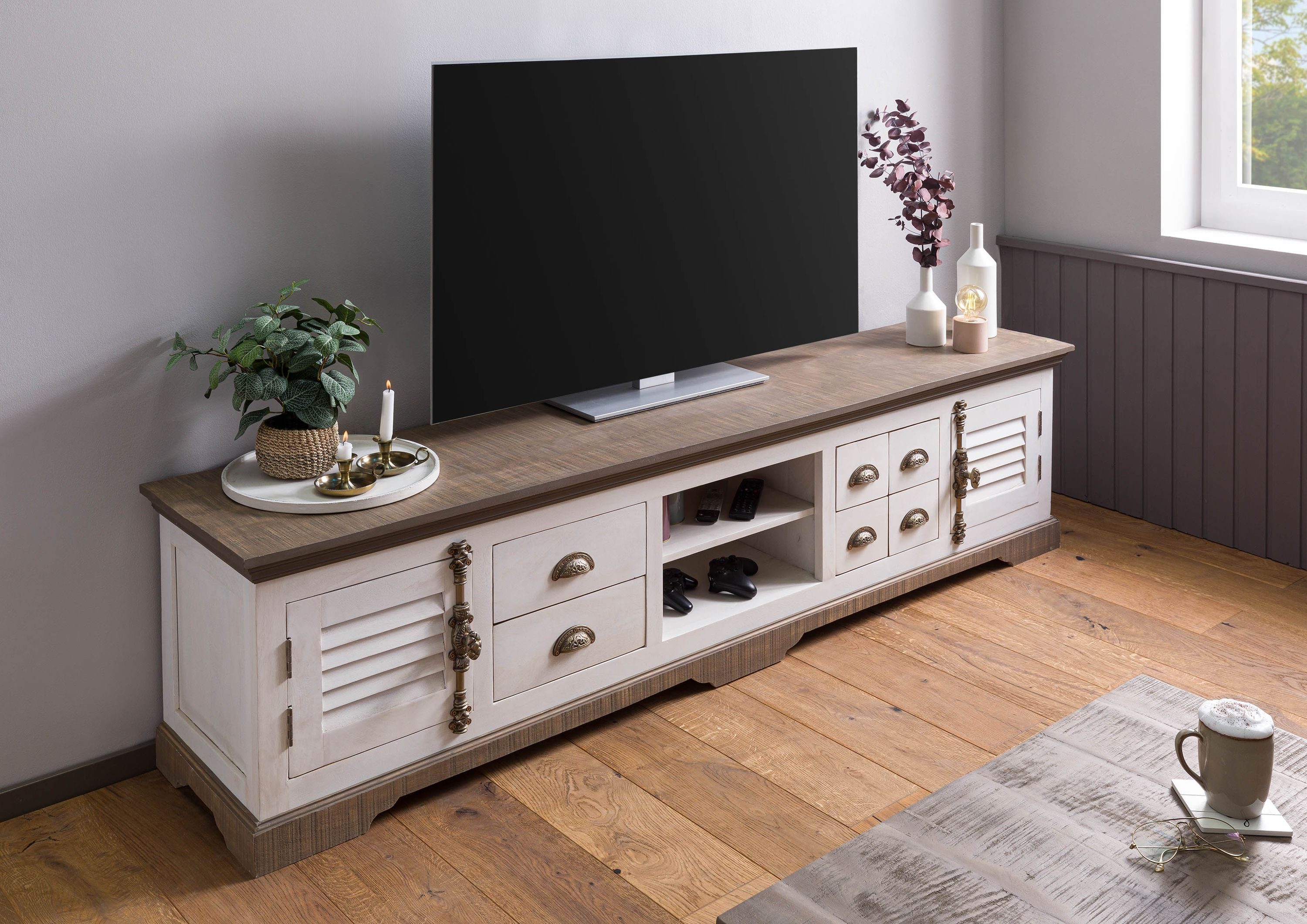Massivmoebel24 TV-Board TOULOUSE (Massivholz), Mango 220x45x55 weiß lackiert TOULOUSE #109