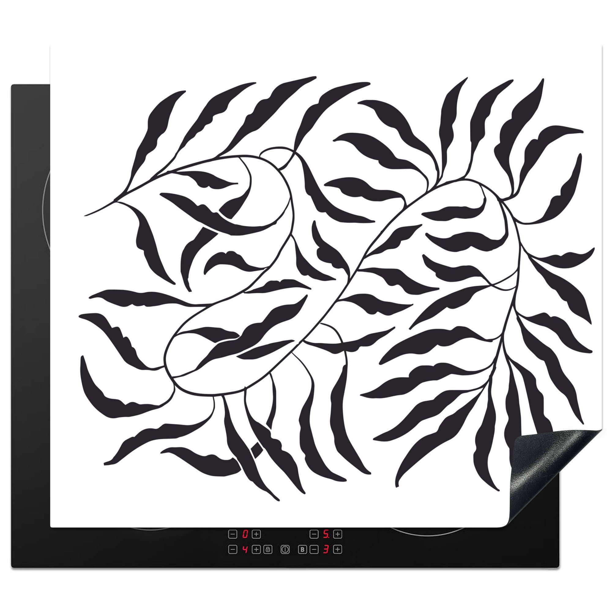 MuchoWow Herdblende-/Abdeckplatte Blätter - Pflanzen - böhmisch - weiß - abstrakt, Vinyl, (1 tlg), 60x52 cm, Mobile Arbeitsfläche nutzbar, Ceranfeldabdeckung