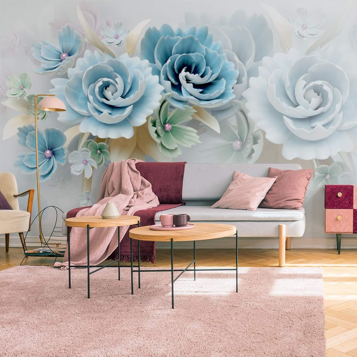 Muralo Fototapete Blumen – Fototapete Wandtapete Vlies Wanddeko Wohnzimmer, floral, 3D – Blumen – Blätter, 90 x 60 cm, Vinyl strukturiert
