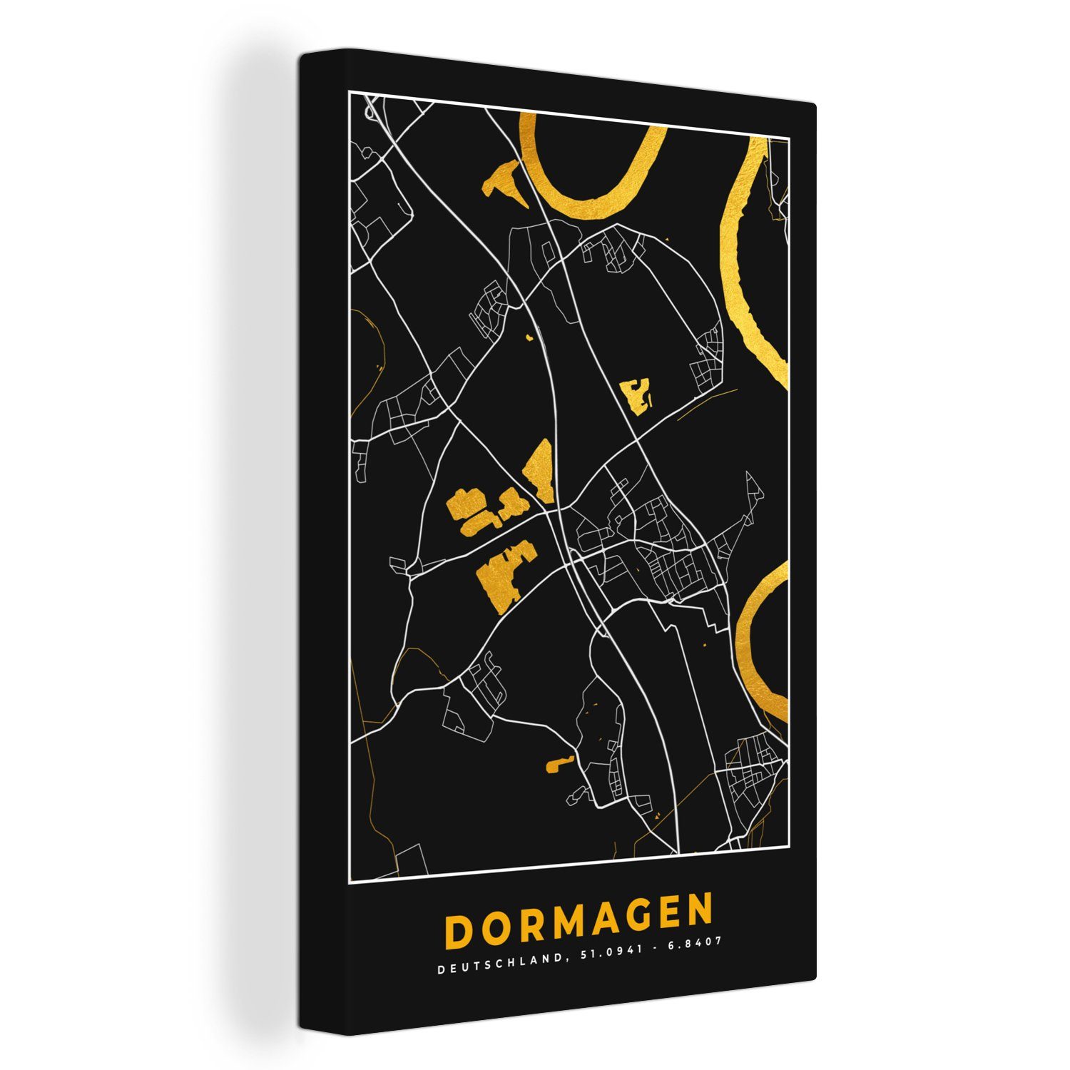 OneMillionCanvasses® Leinwandbild Stadtplan - Deutschland - Gold - Dormagen - Karte, (1 St), Leinwandbild fertig bespannt inkl. Zackenaufhänger, Gemälde, 20x30 cm