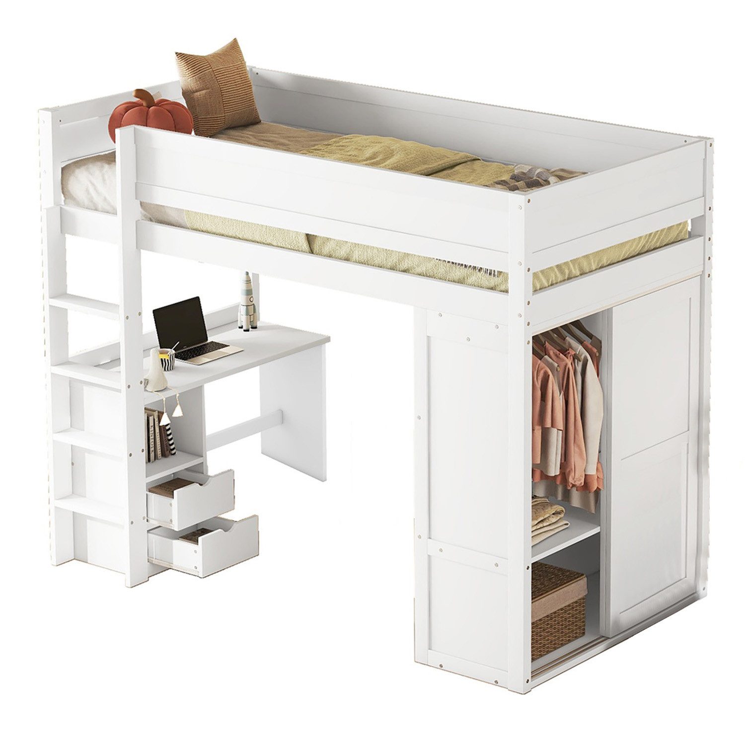 Rutaqian Hochbett Vielseitiges Kinderbett mit Kleiderschrank, Schreibtisch, 2 Schubladen (Hochbett aus Massivholz Einzelbett 90x200 cm,Ohne Matratze)