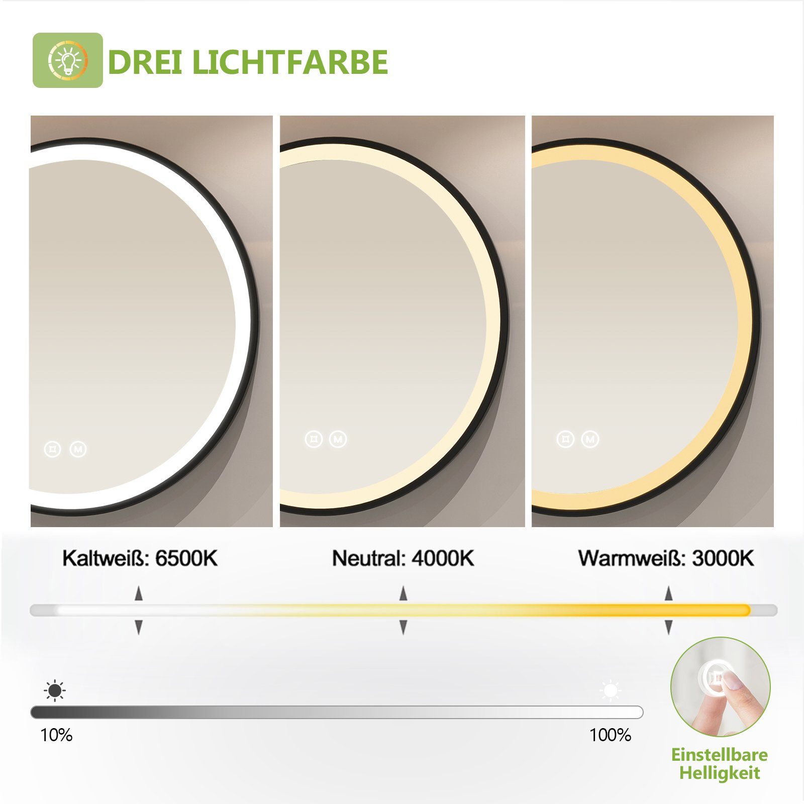 Beleuchtung Badspiegel Runder S'AFIELINA Badspiegel Lichtfarbe,Energiesparend,IP44 mit Touch-Schalter,3000/4000/6500K LED Badspiegel Wandspiegel,