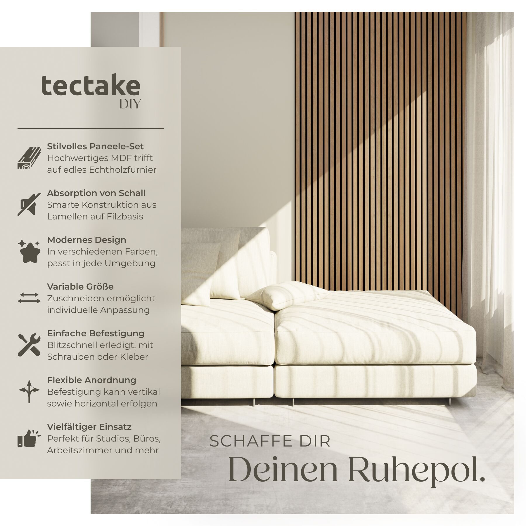 tectake Wandpaneel Akustikpaneele aus MDF und Echtholzfurnier - Eiche, BxL: 60x120 cm, (Holzpaneele Sonic Wall, 4-tlg., Größe flexibel anpassbar) schallabsorbierender Filz, einfache Montage mit Kleber oder Schrauben