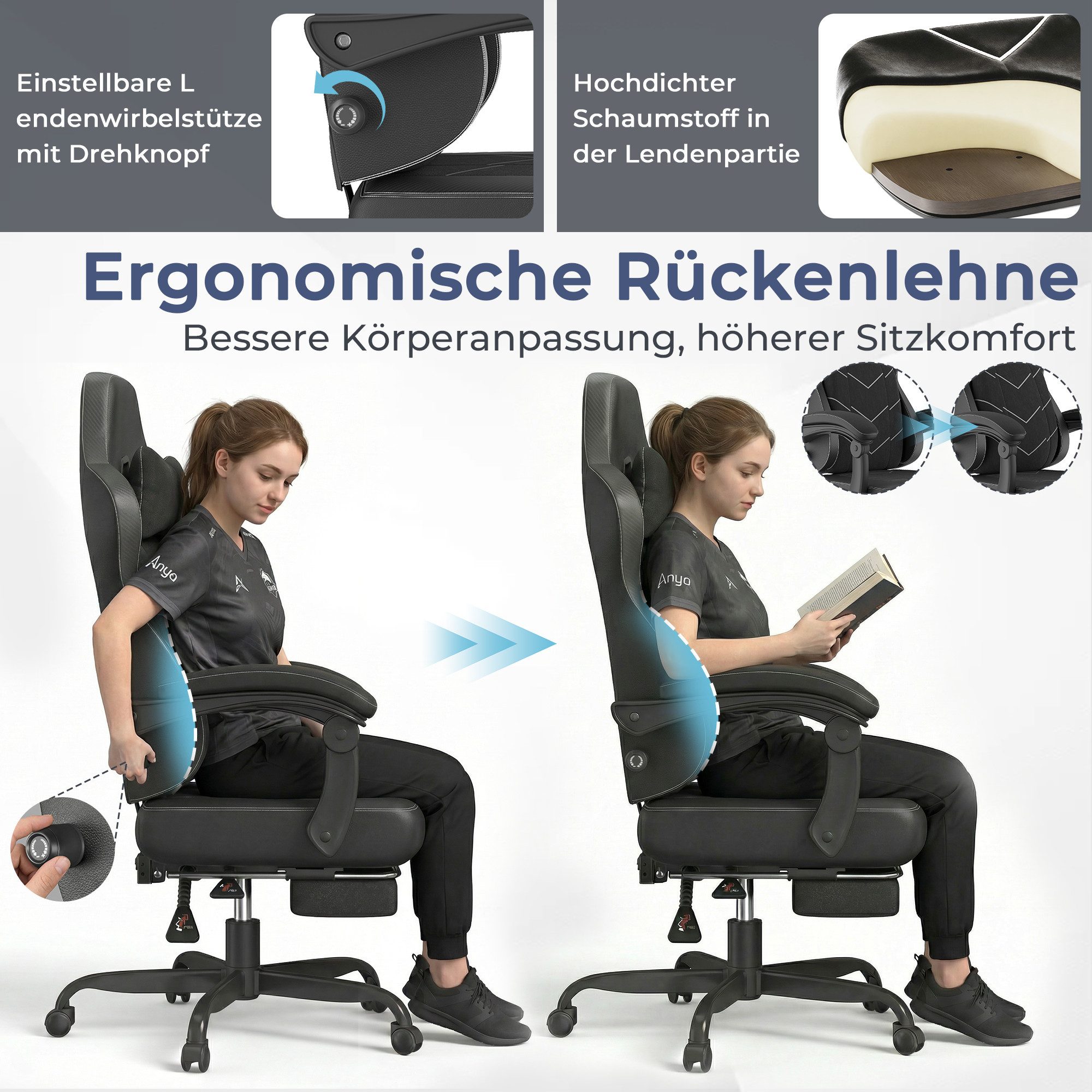 HOMALL Gaming-Stuhl mit Federkern,Komfort für Büro & Gaming,90-165° Rückenlehne,bis 180 kg, gaming stuhl mit Fußstütze,breites & dickes Sitzpolster – Bild 5 von 5