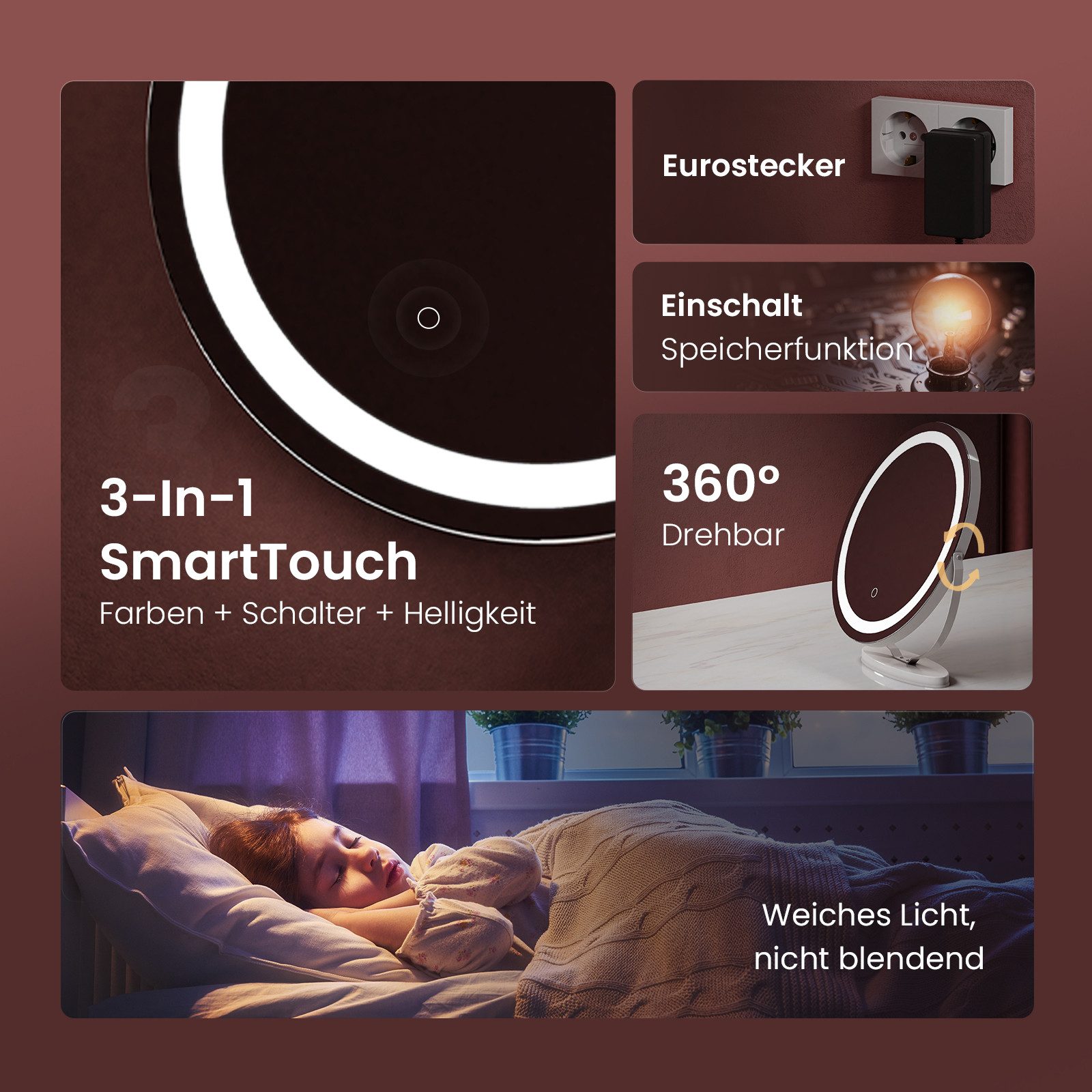 EMKE Kosmetikspiegel Runder Schminkspiegel mit Beleuchtung Tischspiegel, φ4 günstig online kaufen