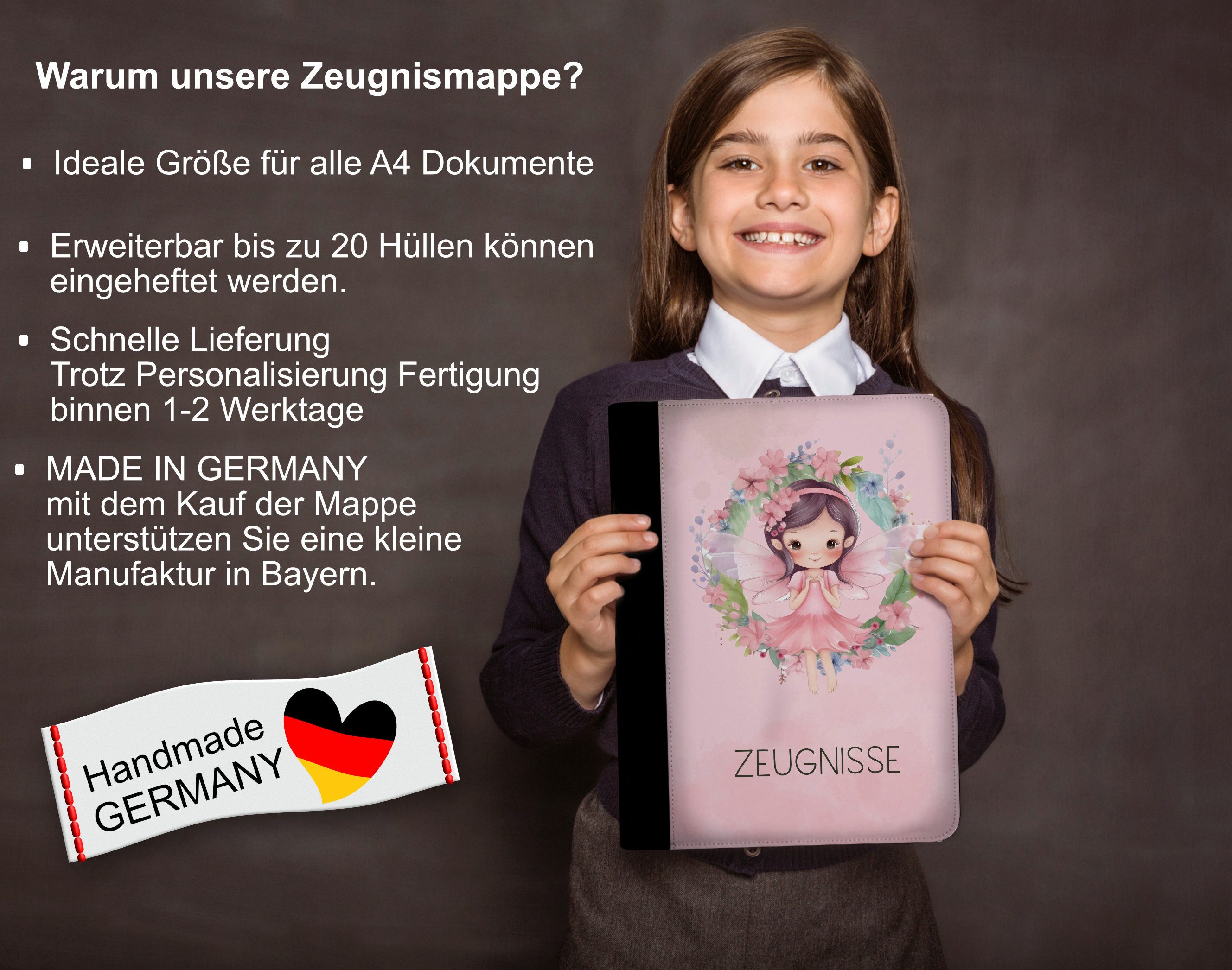 CreaDesign Schreibmappe Kinder Zeugnismappe, Dokumentenmappe, Ordner A4, Fee Blumenkranz (1-St)