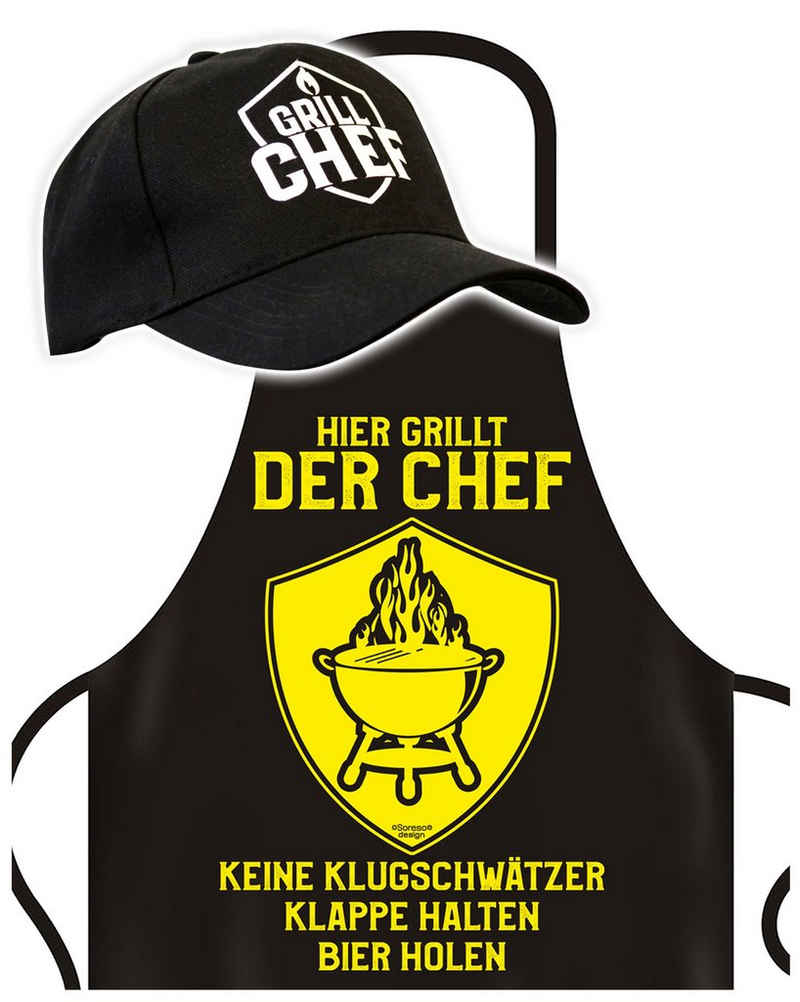 Soreso® Grillschürze Geburtstag Geschenk Kochschürze plus Base Cap für Männer - Vater - Vatertags-geschenk Weihnachtsgeschenk, (Spar-set, Grillset bestehend aus Grillschürze und Baseball-Cap), Robust & Elegant, Edel und mit Liebe verarbeitet