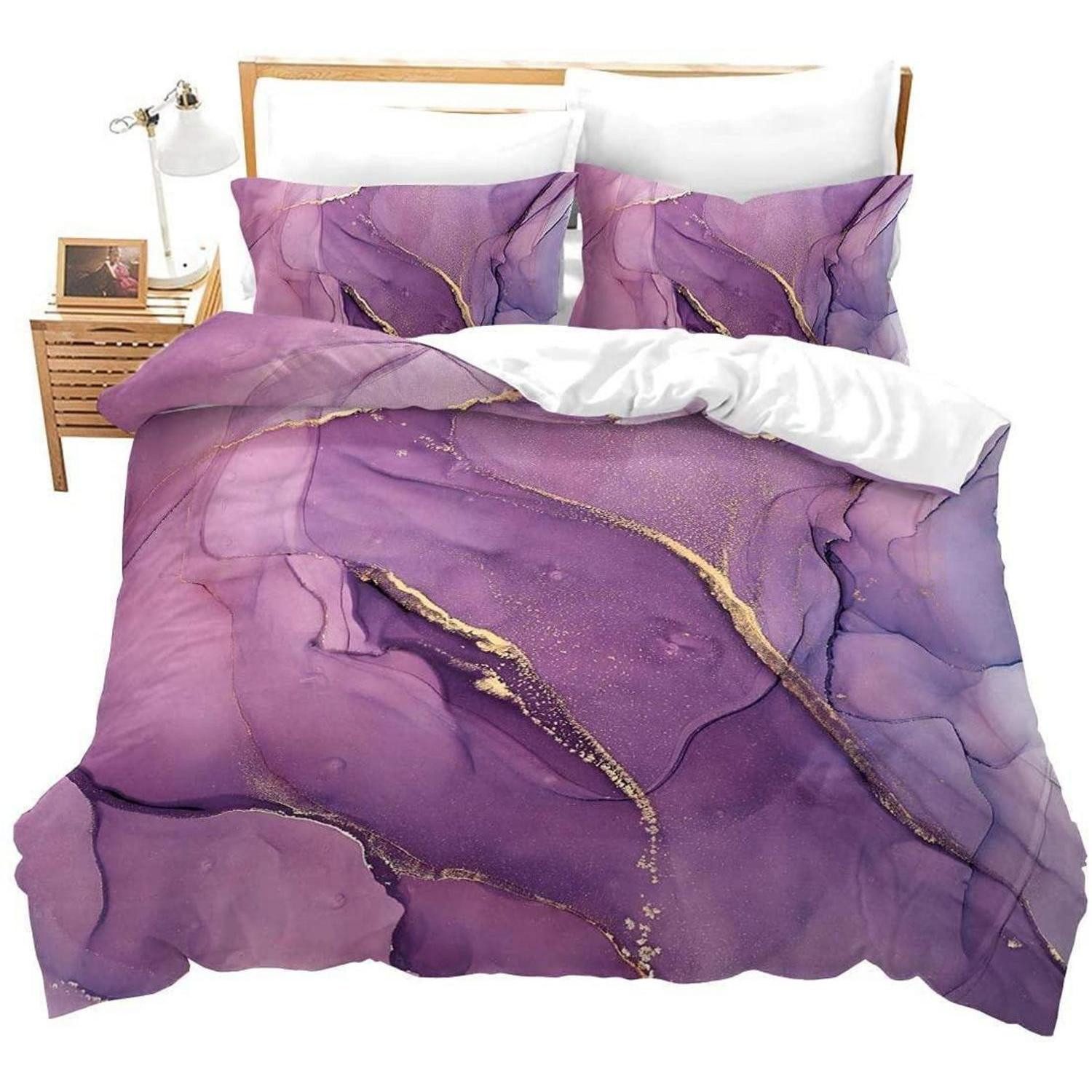 LuxusKollektion Jugendbettwäsche Bettwäsche 135x200 Marmor Lila Gold Glitzer