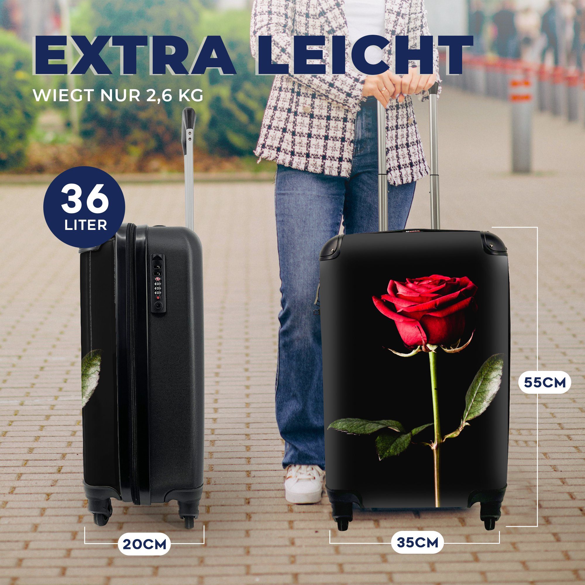 MuchoWow Handgepäckkoffer Eine rote Rose 4 Trolley, Reisekoffer mit Ferien, Reisetasche für Rollen, rollen, Handgepäck Hintergrund, auf schwarzem