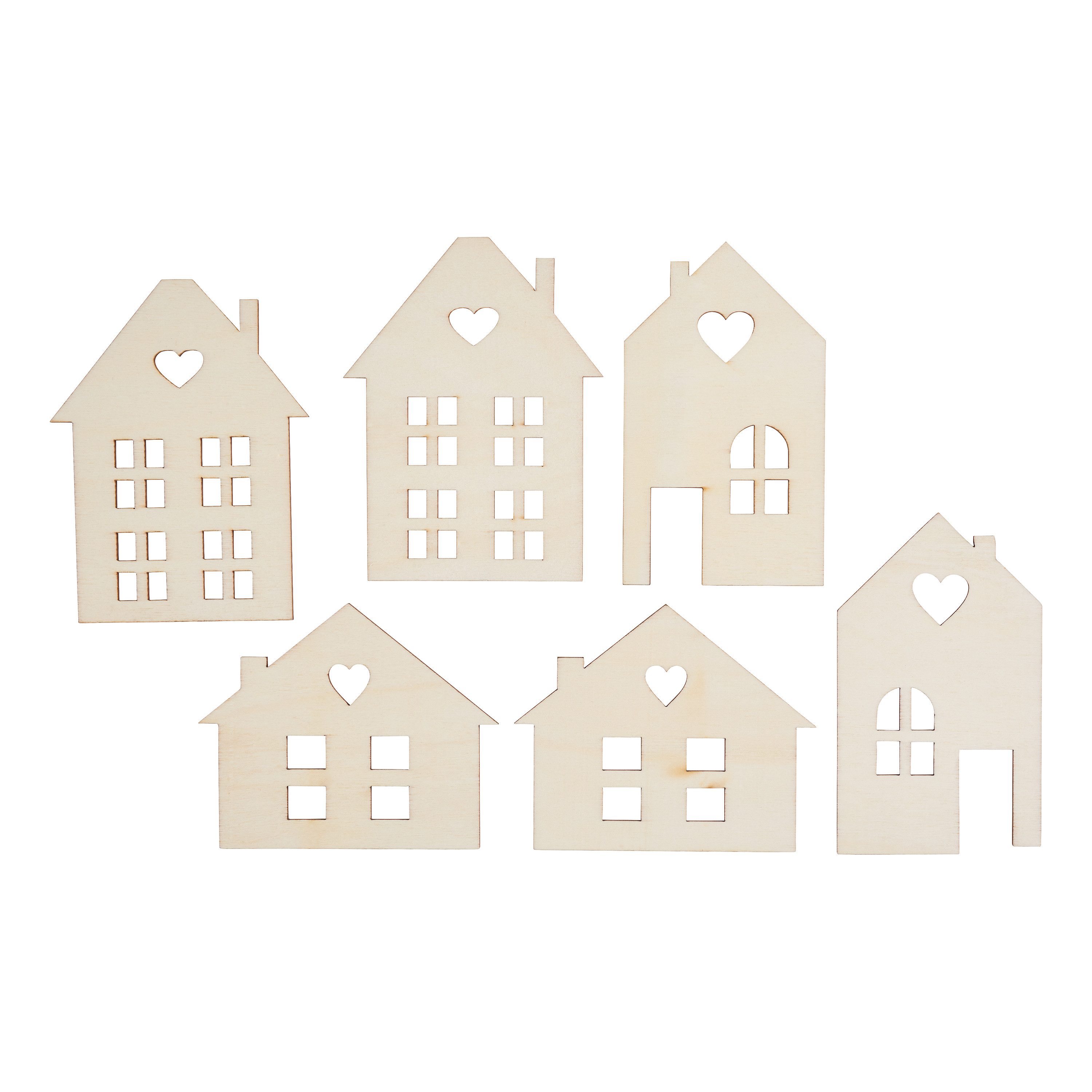 VBS Dekoobjekt Häuser-Zuschnitte (6 St), 6er-Set, 3 Motive à 2 Stk., Sperrholz