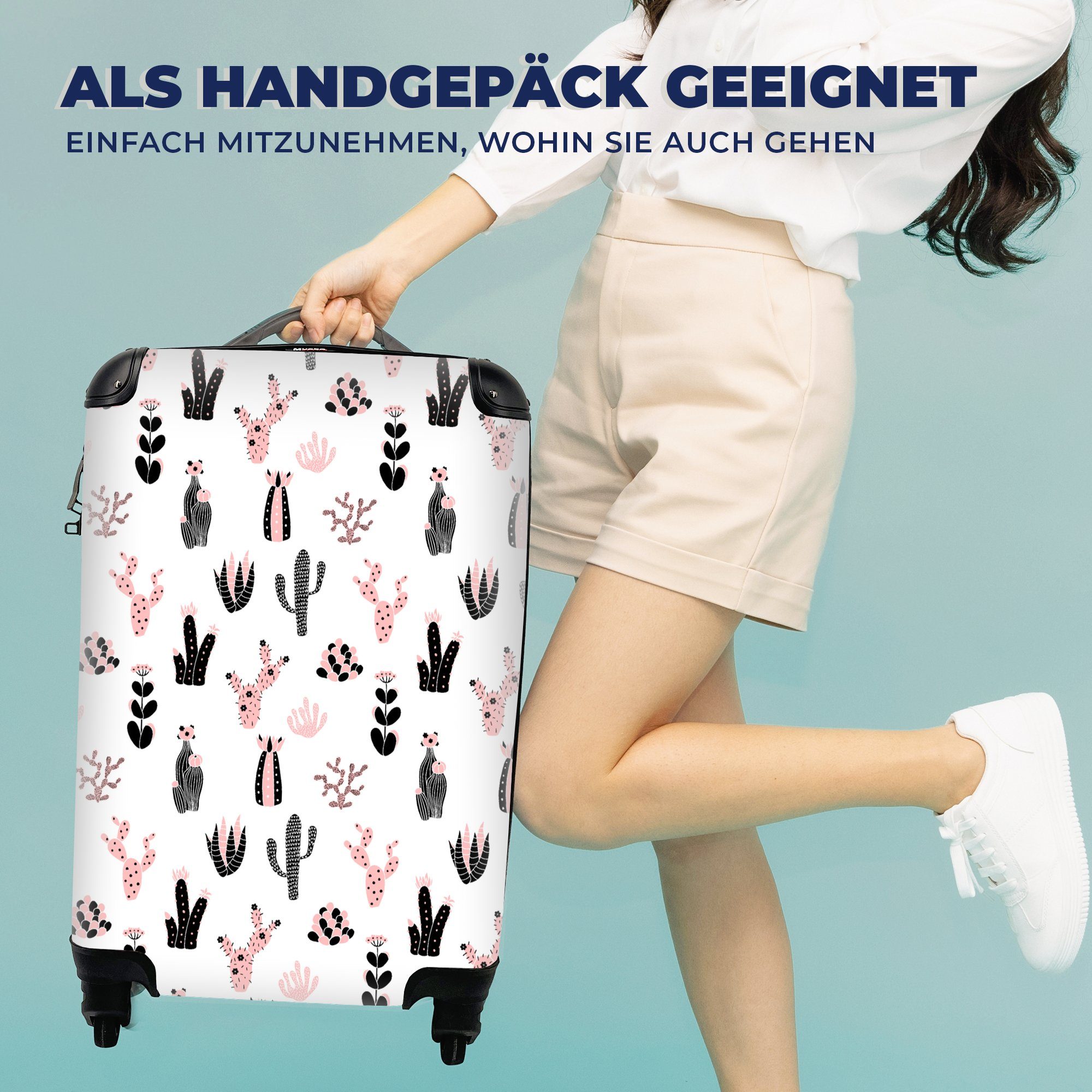 Muster - Kaktus Reisetasche 4 Rosa Kinder Trolley, mit Handgepäckkoffer Reisekoffer Mädchen - Handgepäck rollen, - Mädchen - für Rollen, MuchoWow Ferien, - Kinder, -