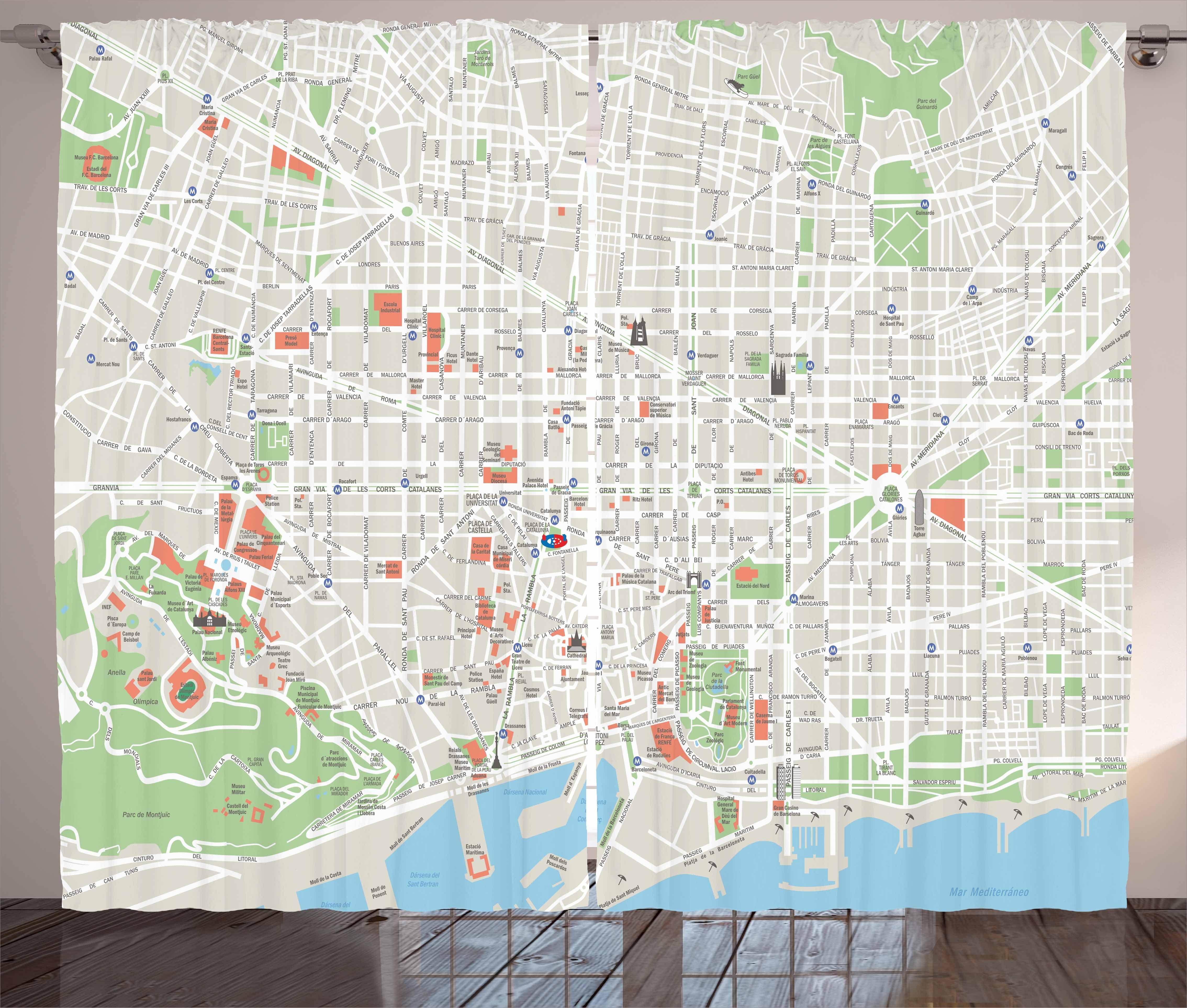 Gardine Schlafzimmer Kräuselband Vorhang mit Streets Haken, Karte Abakuhaus, Parks und Barcelona Schlaufen