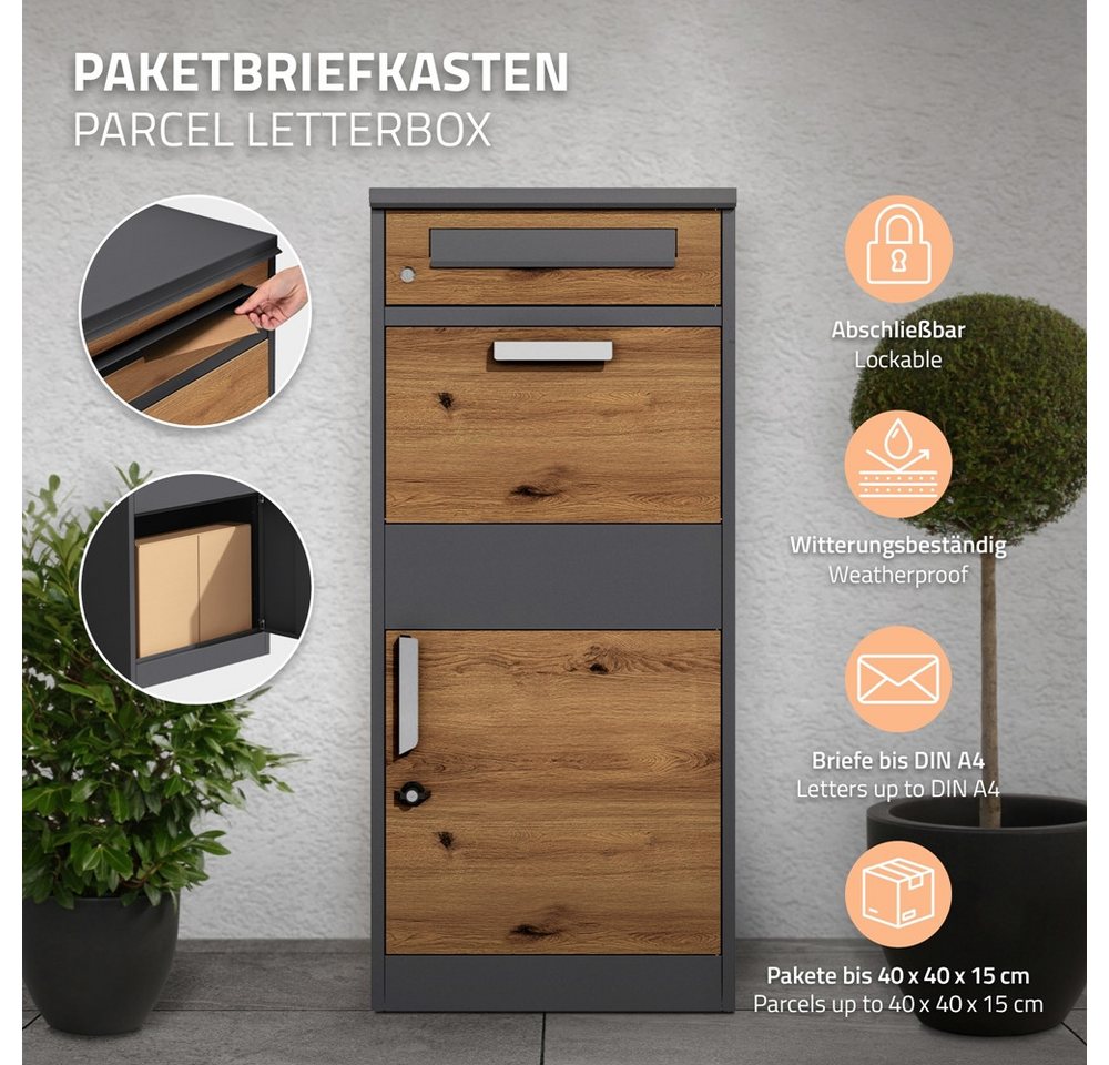 Thumbnail - ML-DESIGN Paketbriefkasten Standbriefkasten aus verzinktem Stahl abshließbar 2 Schlüssel, Paketkasten Anthrazit-Eiche Op...