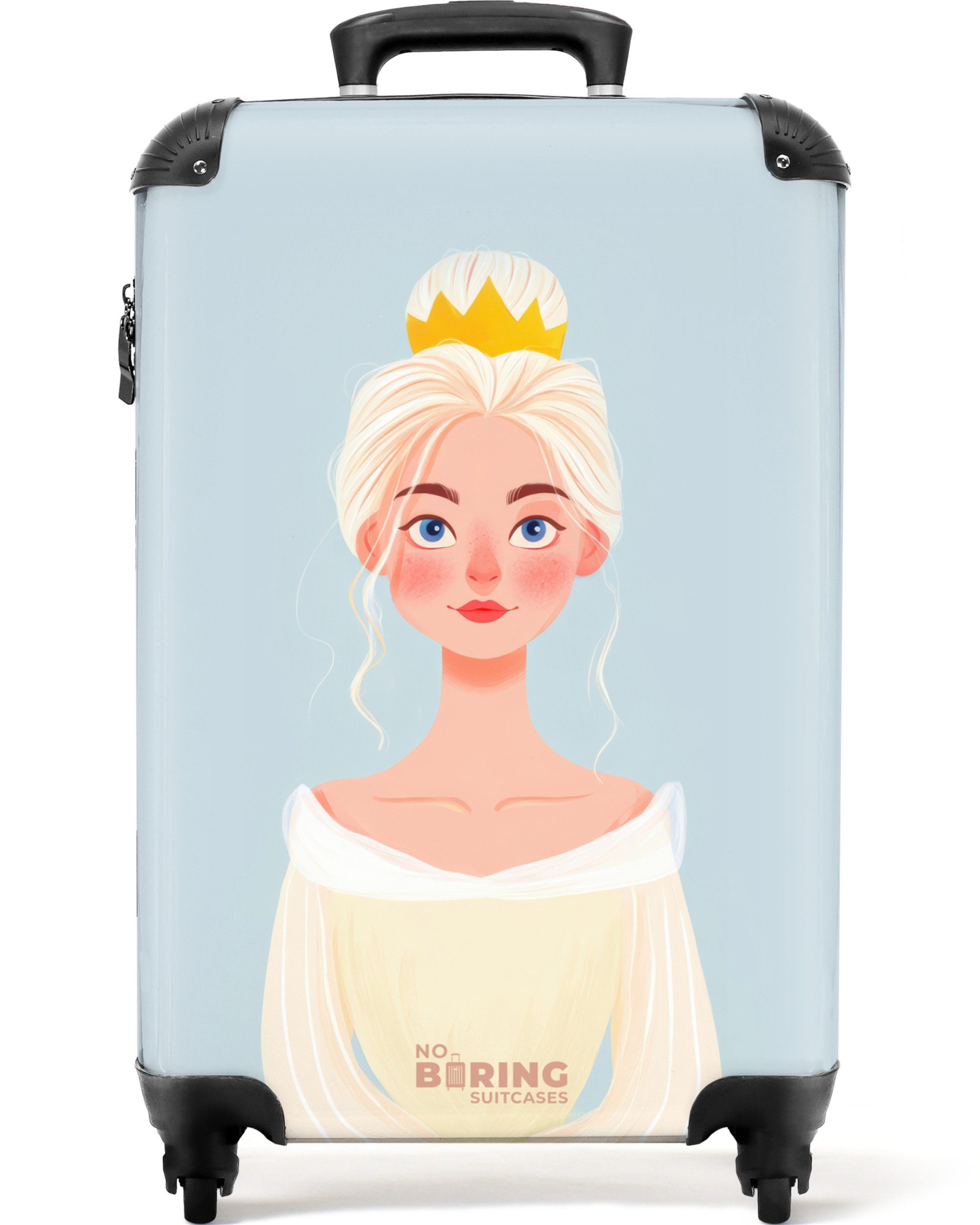NoBoringSuitcases.com© Kinderkoffer Prinzessin mit goldener Krone - Blau 55x35x20cm, 4 Rollen, Handgepäck-Koffer, Kinderkoffer, Reisekoffer Mädchen