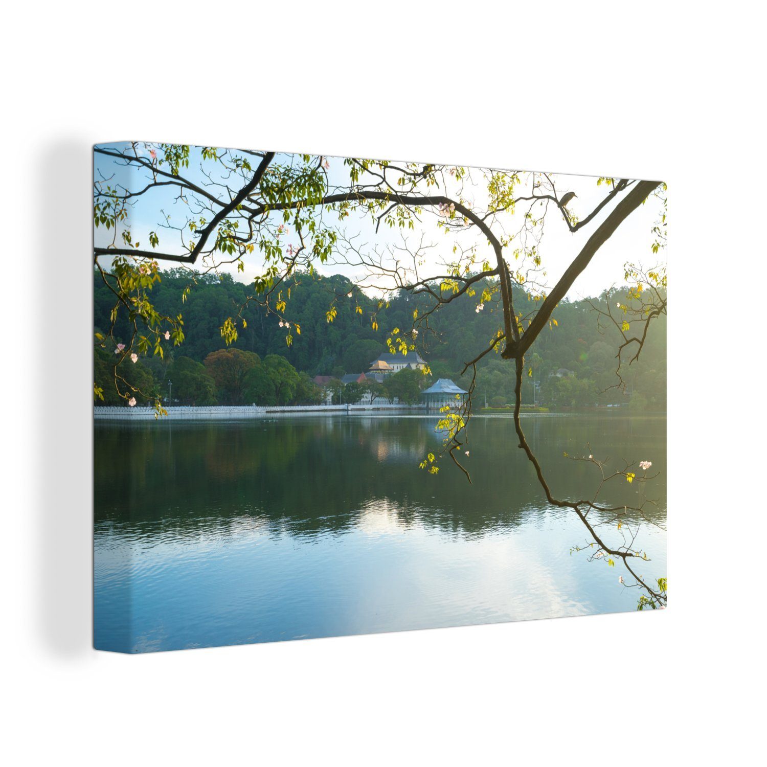 Leinwandbilder, am OneMillionCanvasses® St), mit cm Sri Morgen Lanka, (1 30x20 den Blick auf Wanddeko, in Leinwandbild Wandbild Aufhängefertig, See Zahntempel
