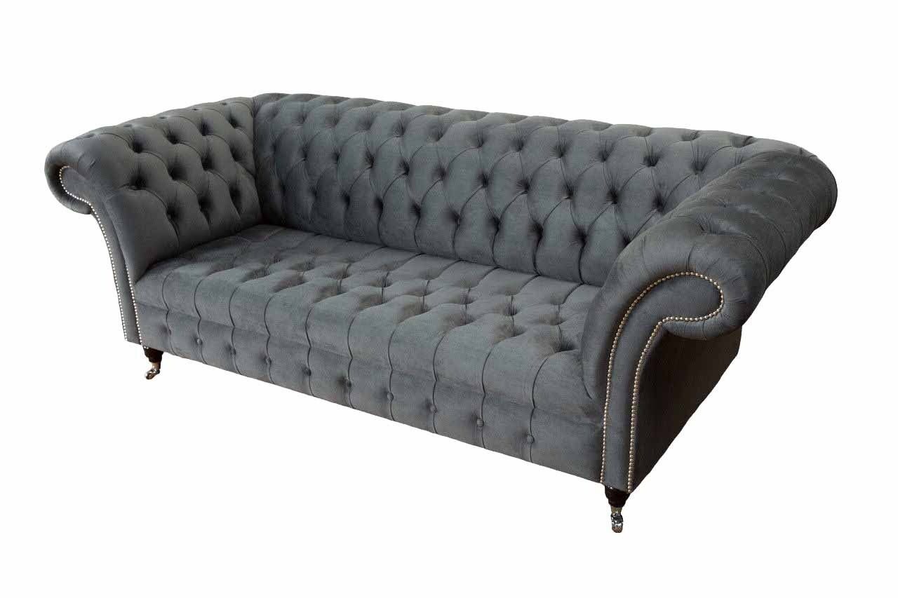 Möbel Englische Büro Chesterfield Sofa 230cm Made In Europe Dreisitz Grau, Couch Samt Sofa JVmoebel