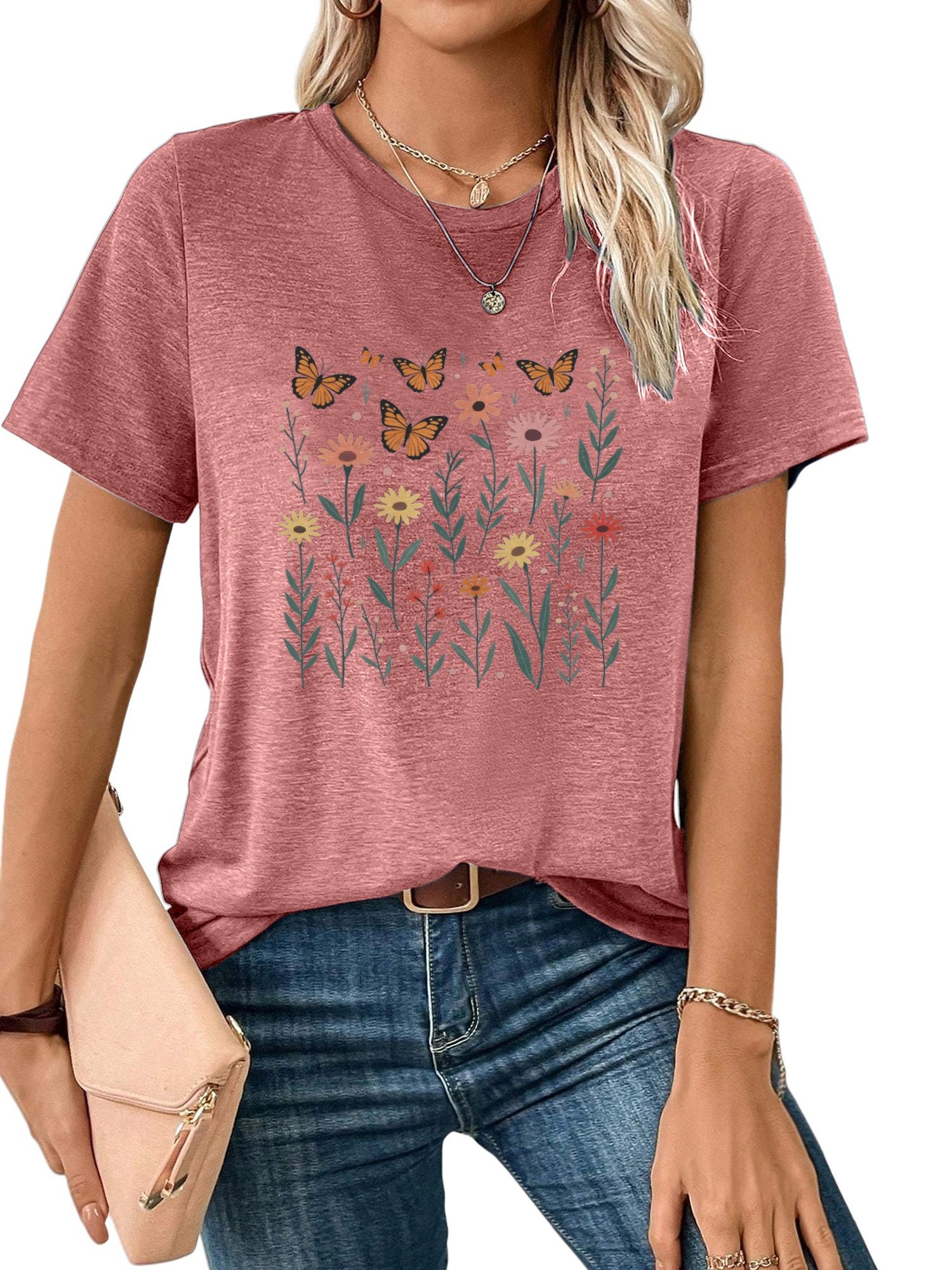 PYLIKE Kurzarmbluse Damen Sommer Casual bequemes T-Shirt mit Schmetterling Print Shirts