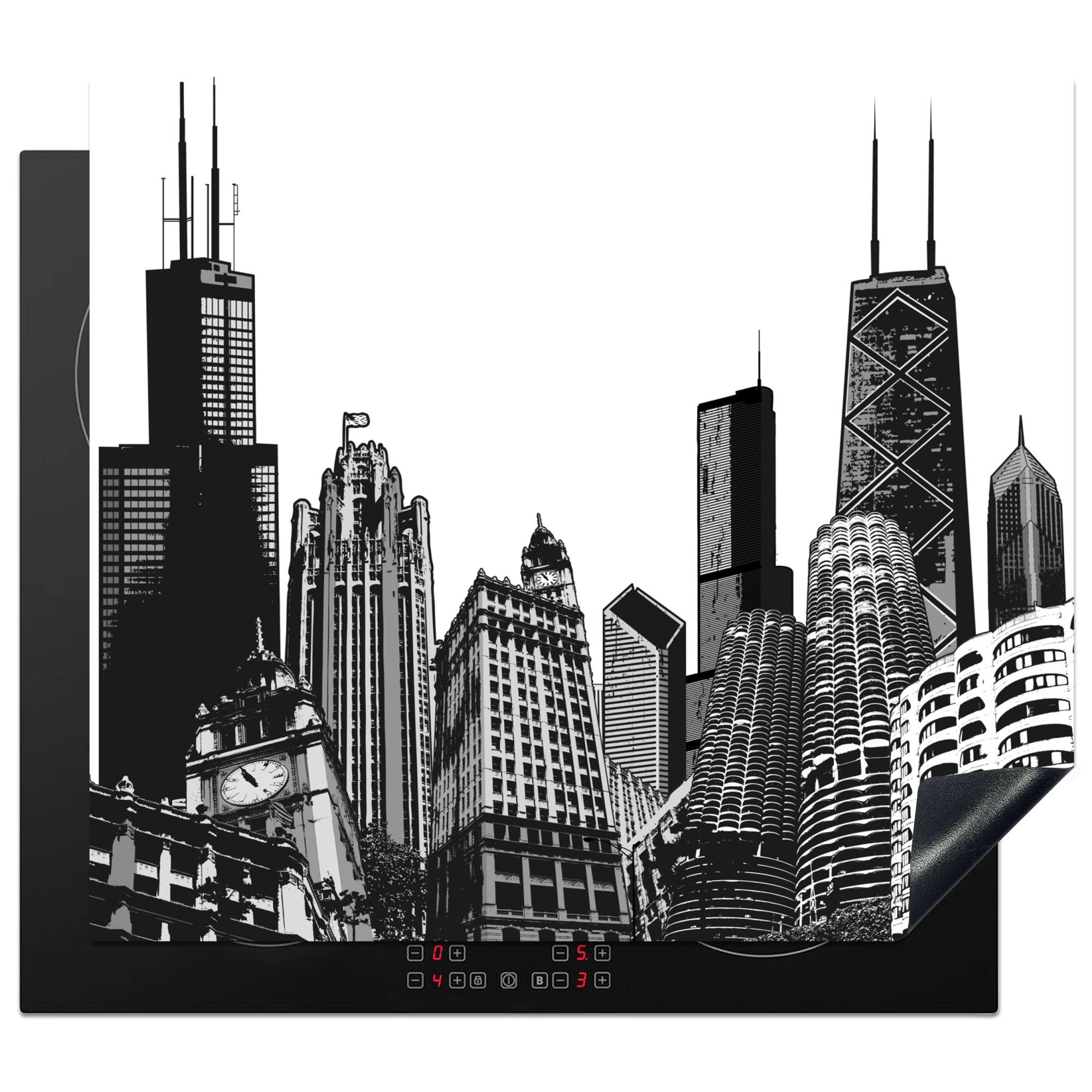 MuchoWow Herdblende-/Abdeckplatte Schwarz-Weiß-Abbildung von Gebäuden aus Chicago in Nordamerika, Vinyl, (1 tlg), 60x52 cm, Mobile Arbeitsfläche nutzbar, Ceranfeldabdeckung