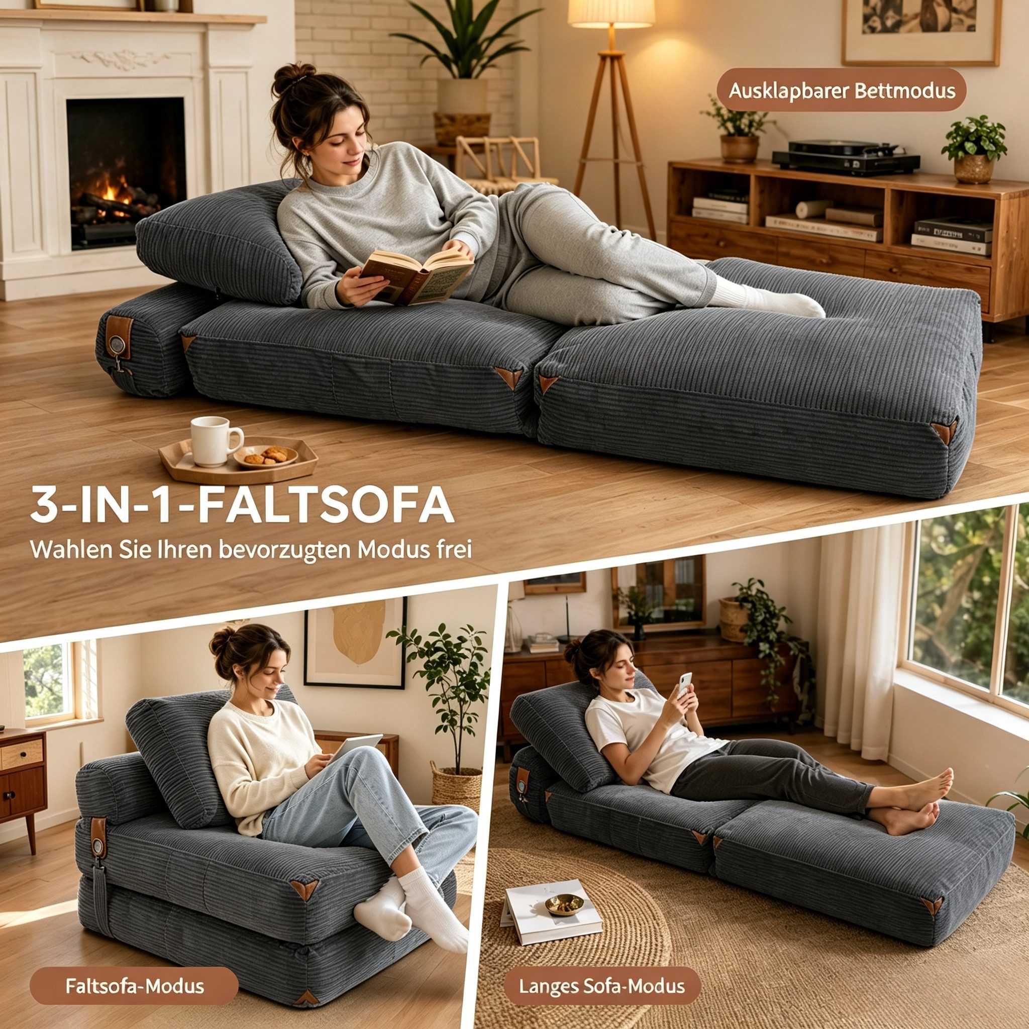 VUZINIC Schlafsofa 2-in-1 faltbarer Sessel-Sofa, ergonomischer Halt, 1 Teile, vakuumverpackt, montagefrei, weich, Wohnung & Büro – Bild 4 von 5