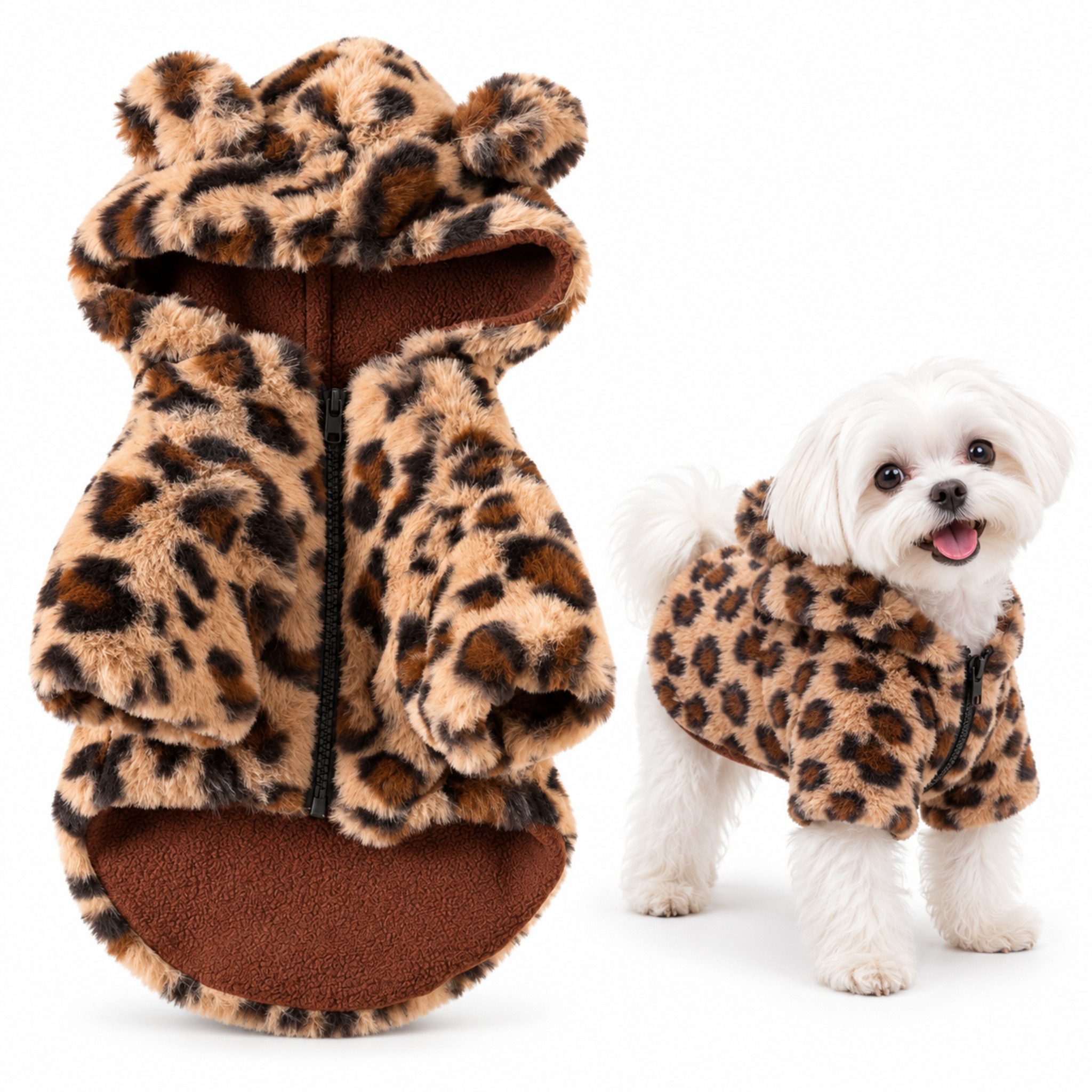 FLOCKI Pets™ Hundepullover Hundejacke Leopard, Plüschmantel mit Kapuze, Ohren und Reißverschluss, Plüsch-Hundejacke mit weichem Innenfutter, Ohrenkapuze
