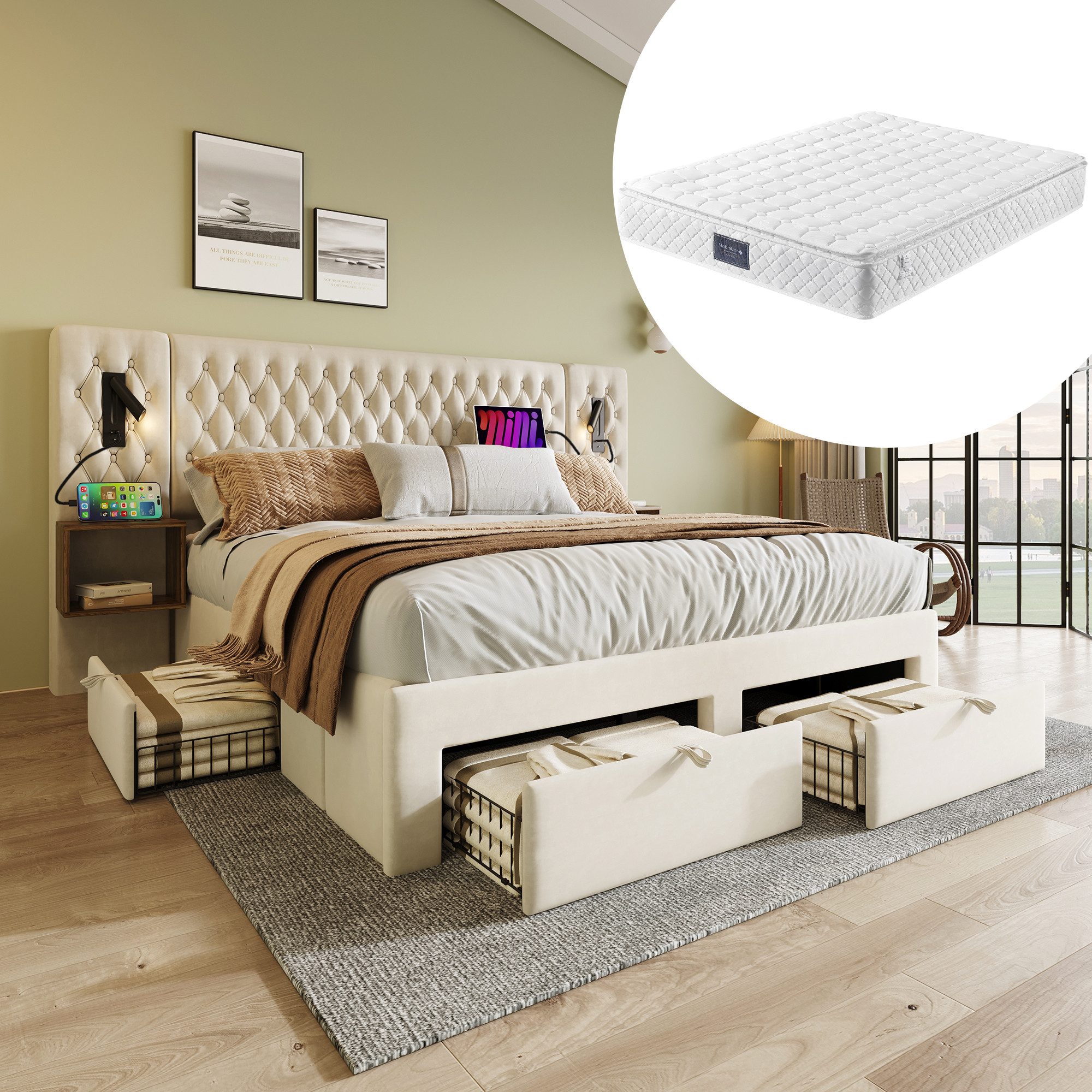 OKWISH Polsterbett Bettanlage Schlafzimmer Komplett Set (Doppelbett, 1-tlg. günstig online kaufen