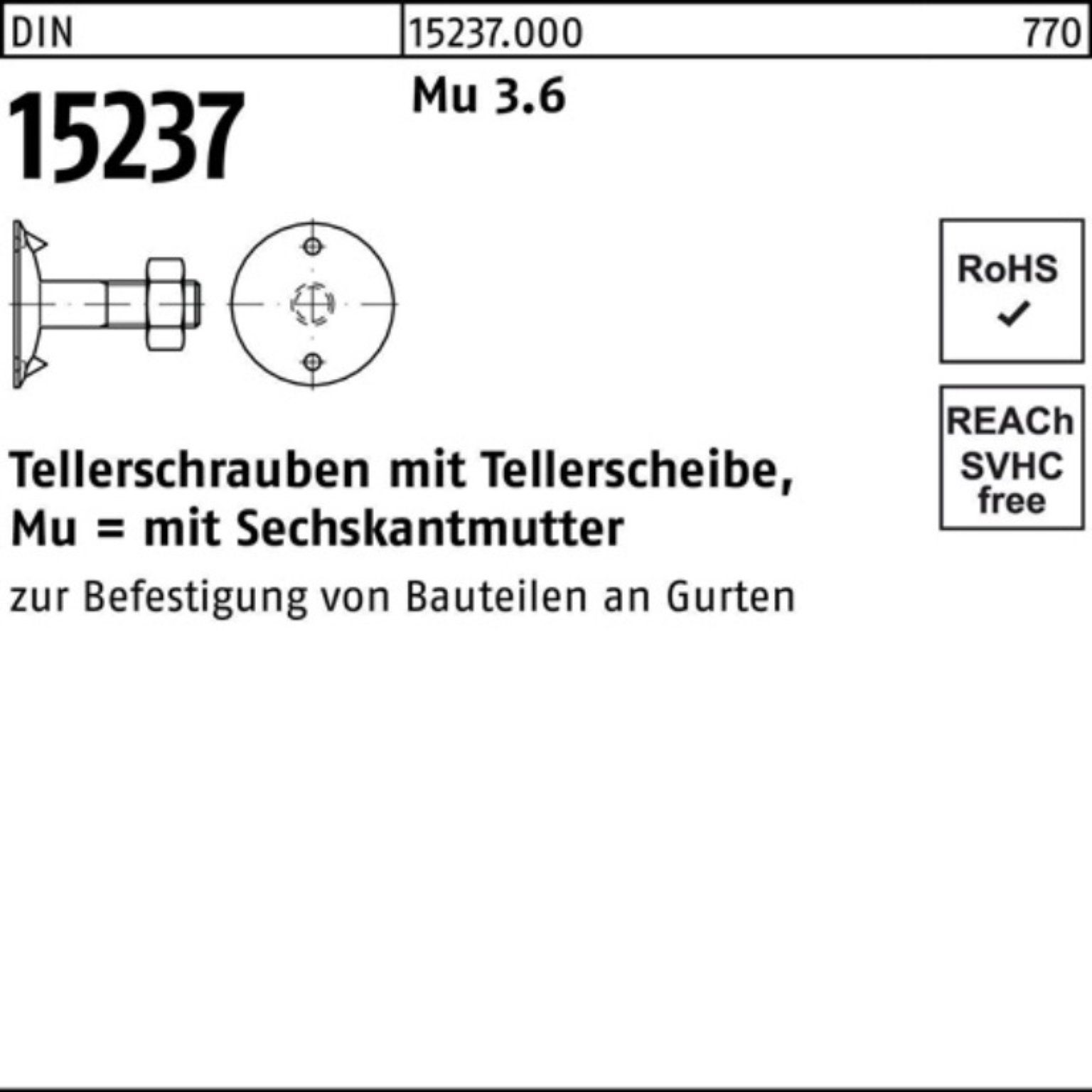 Reyher Teller 100er Pack Tellerschraube DIN 15237 6-ktmutter M12x 60 3.6 100 Stück
