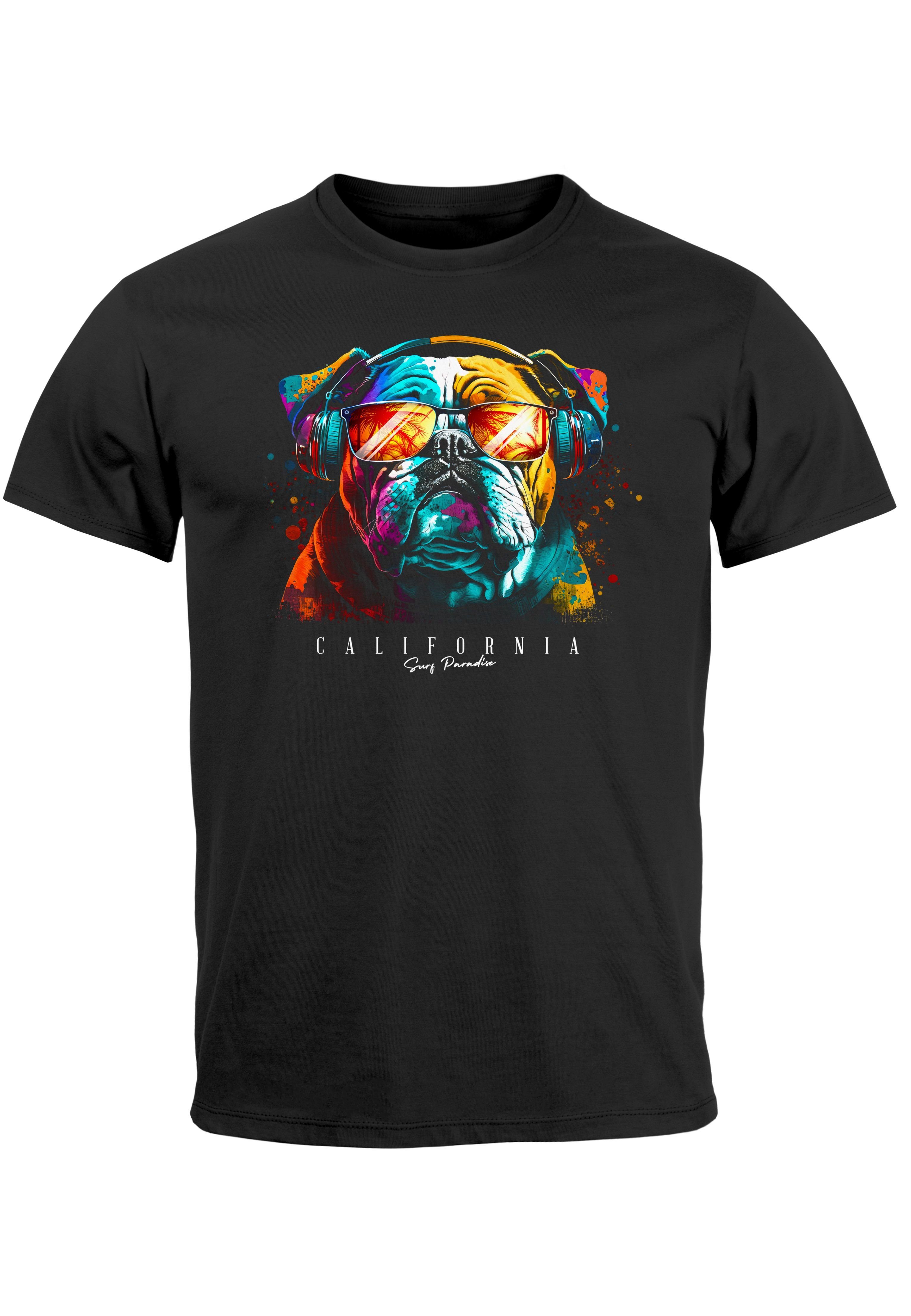 Neverless Print-Shirt Herren T-Shirt Print California Bulldog Musik Kunst Motiv DJ Fashion A mit Print schwarz