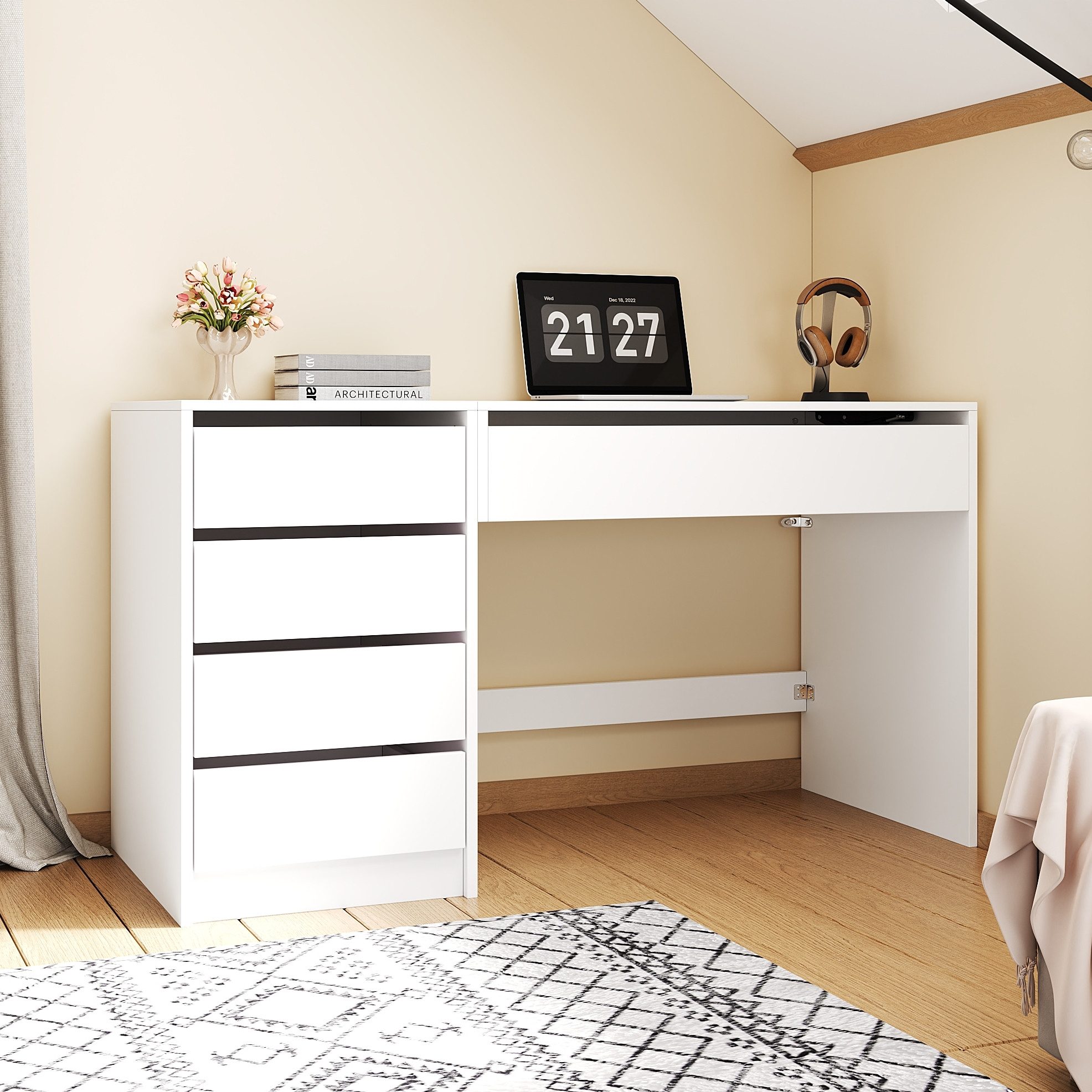 MODFU Schreibtisch Großer Arbeitstisch mit viel Stauraum (Packung, 1-St., Weiß, höhenverstellbar, verstecktes Fach), 120×78–92×50 cm, 4 Schubladen