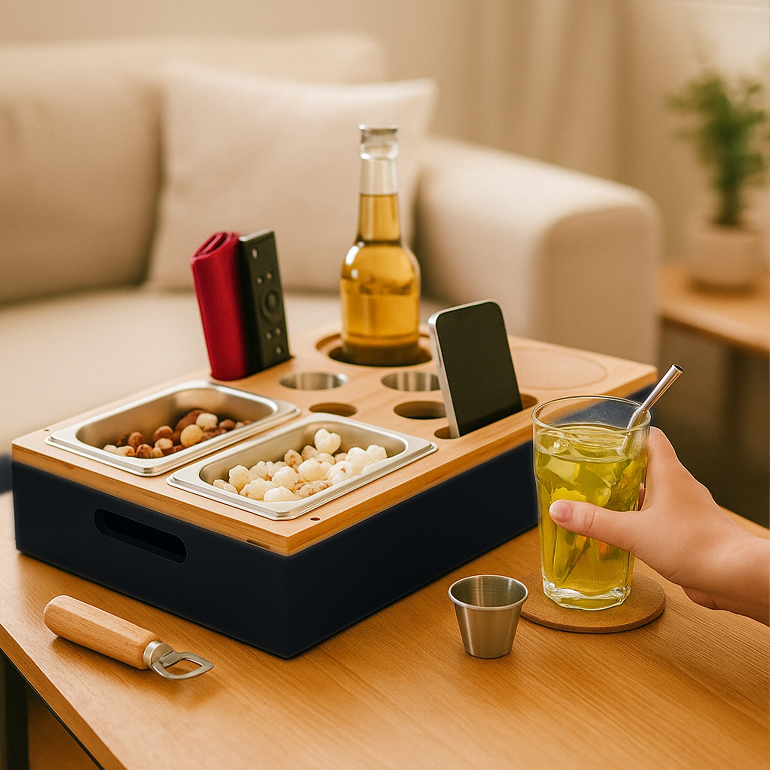 relaxdays Tabletttisch Couchbar mit Zubehör, Schwarz günstig online kaufen