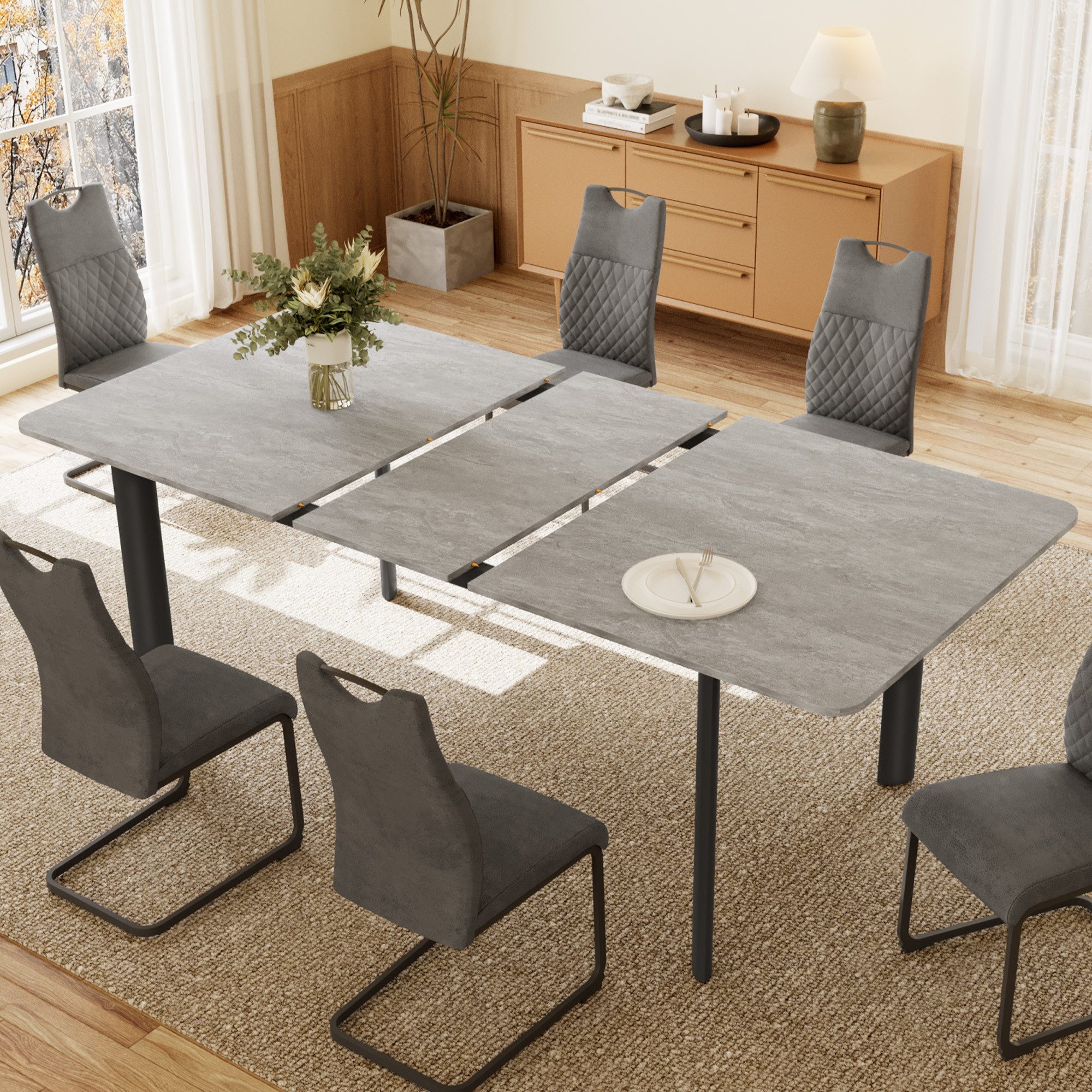 Jiexi Essgruppe Esstisch Mit 6-8 Stühlen Set, Essgruppe Tisch Ausziehbar 160-200cm